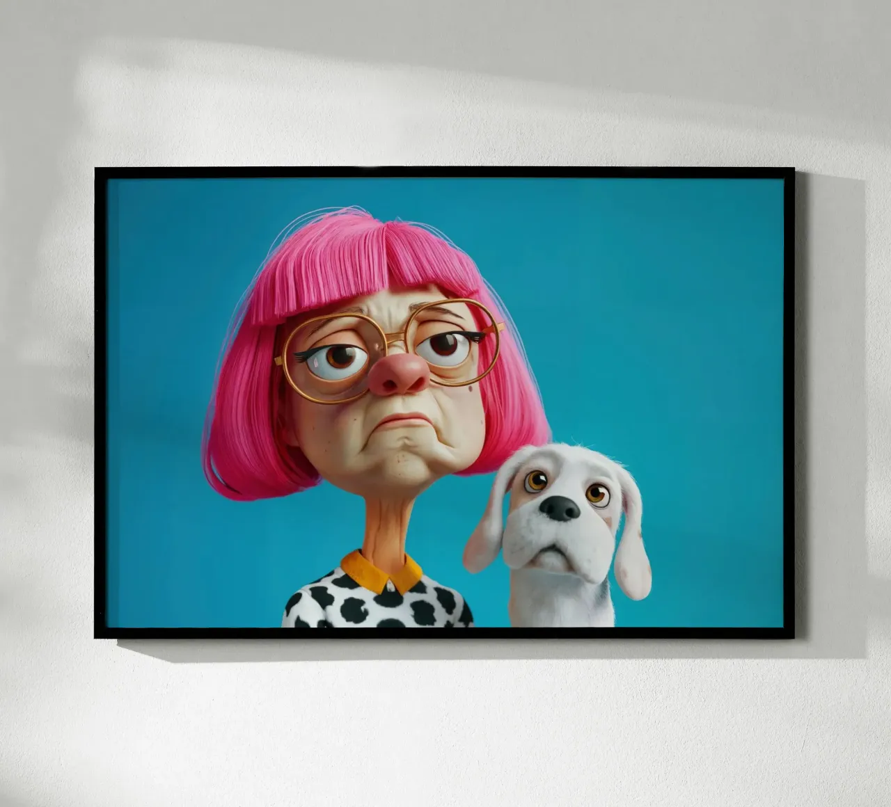 Donna e cane brontoloni poster con telaio in plastica da Lisa Artifexia