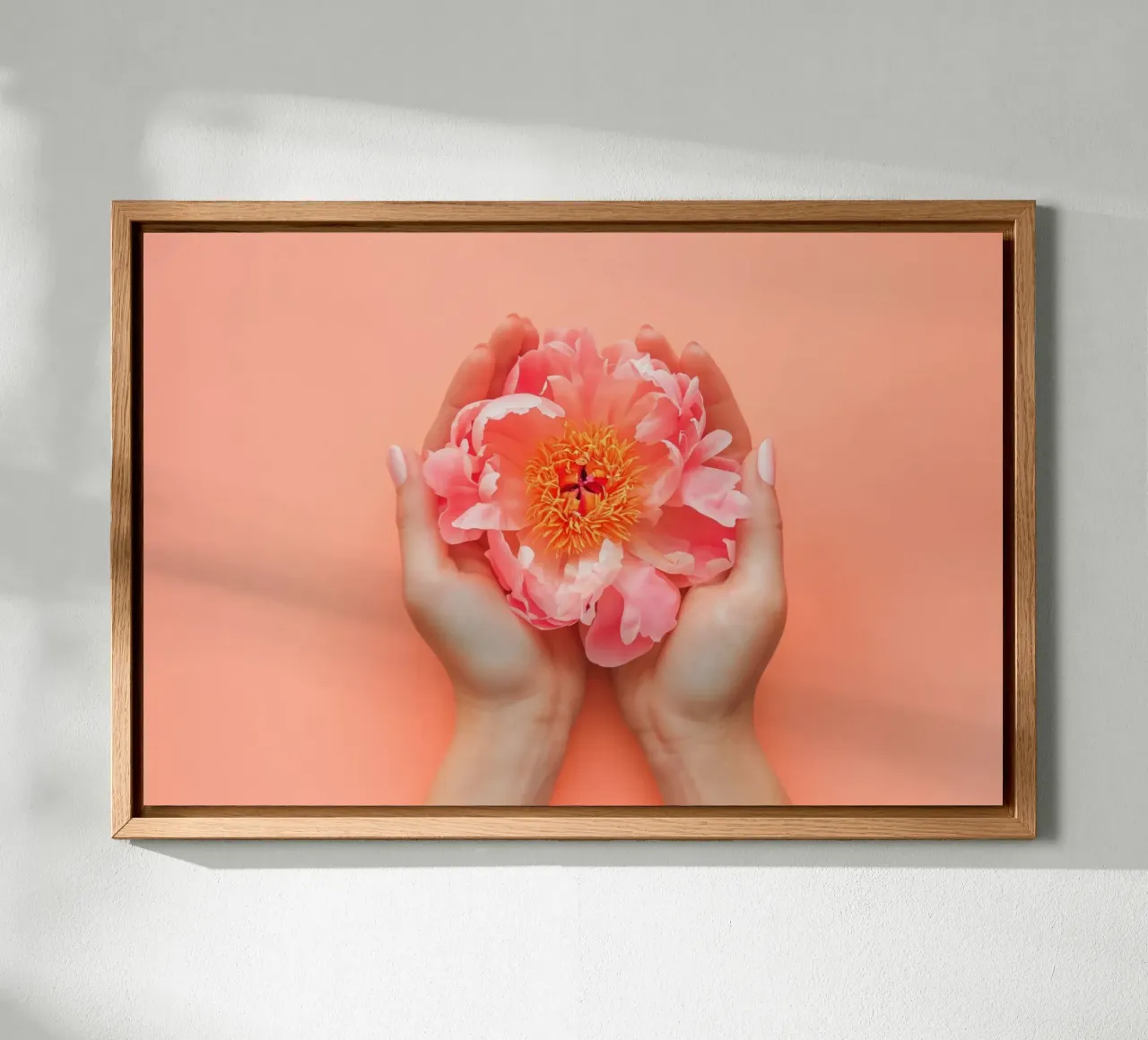 Pink Peony in Hands on Soft Background canvas with Floater frame by Lisa Artifexia