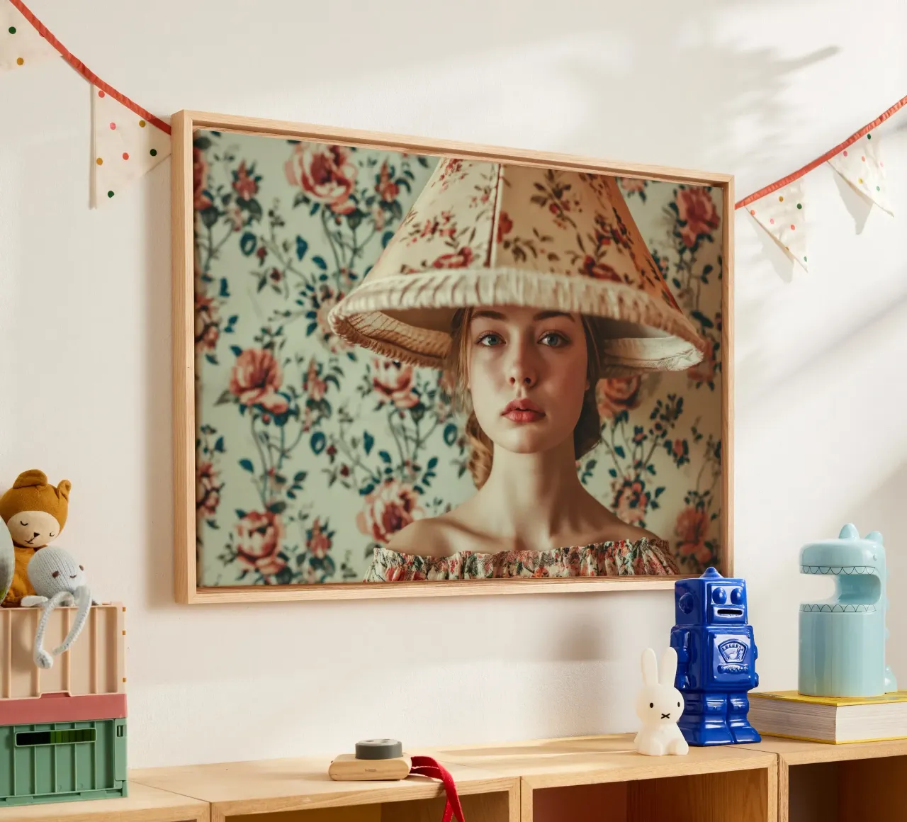 Ritratto di donna vintage con paralume floreale tela con Cornice a cassetta da Lisa Artifexia