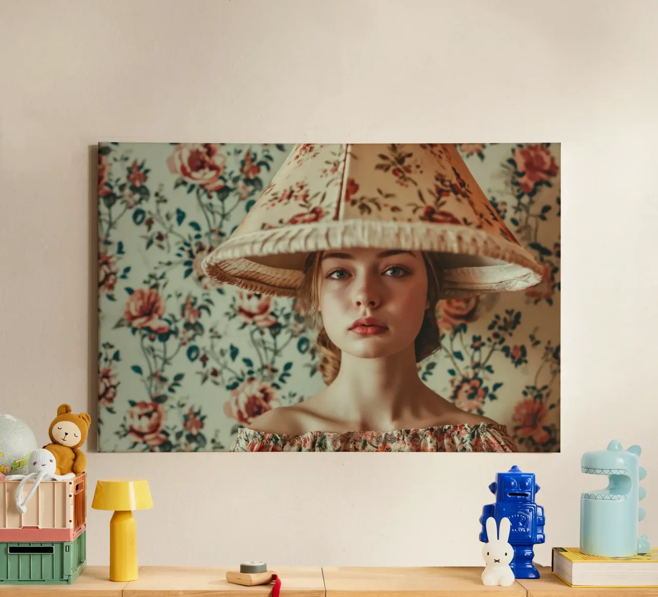 Ritratto di donna vintage con paralume floreale tela con Cornice a cassetta da Lisa Artifexia