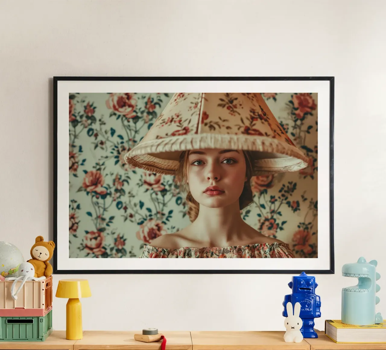 Ritratto di donna vintage con paralume floreale poster con telaio in legno da Lisa Artifexia