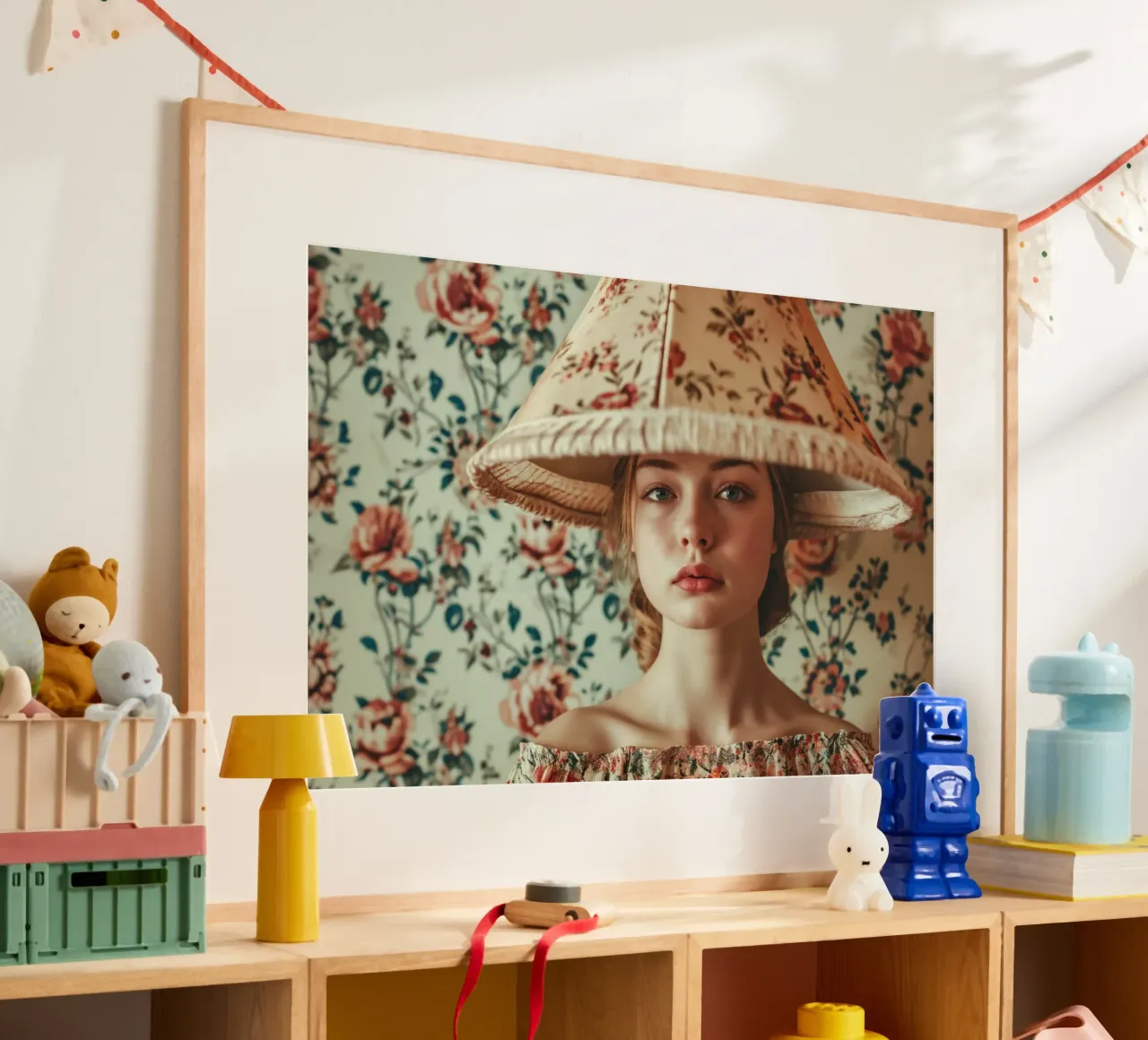 Ritratto di donna vintage con paralume floreale poster con telaio in legno da Lisa Artifexia