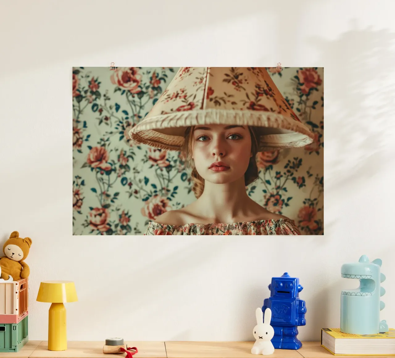 Ritratto di donna vintage con paralume floreale poster con telaio in legno da Lisa Artifexia