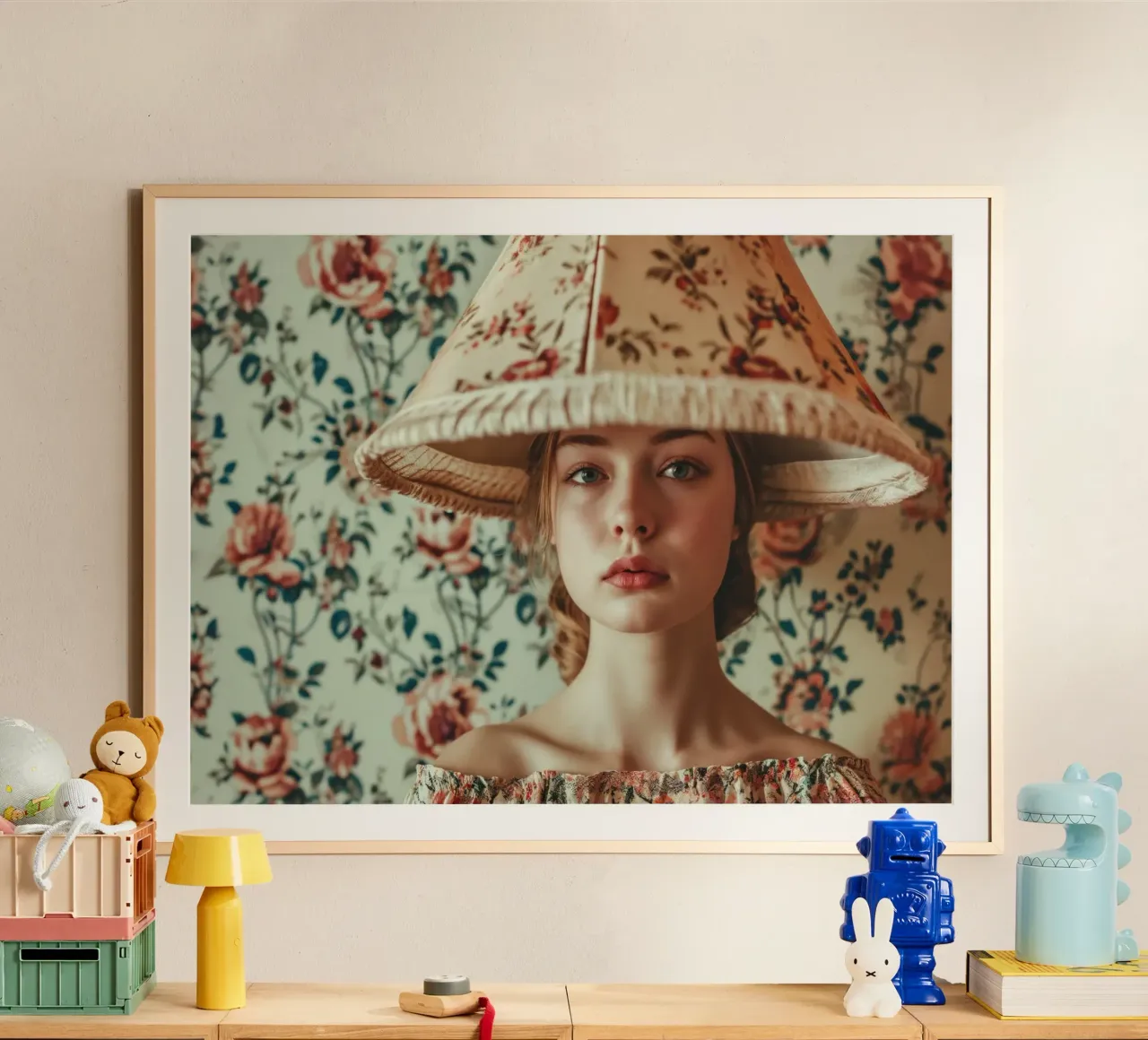 Ritratto di donna vintage con paralume floreale poster con telaio in legno da Lisa Artifexia