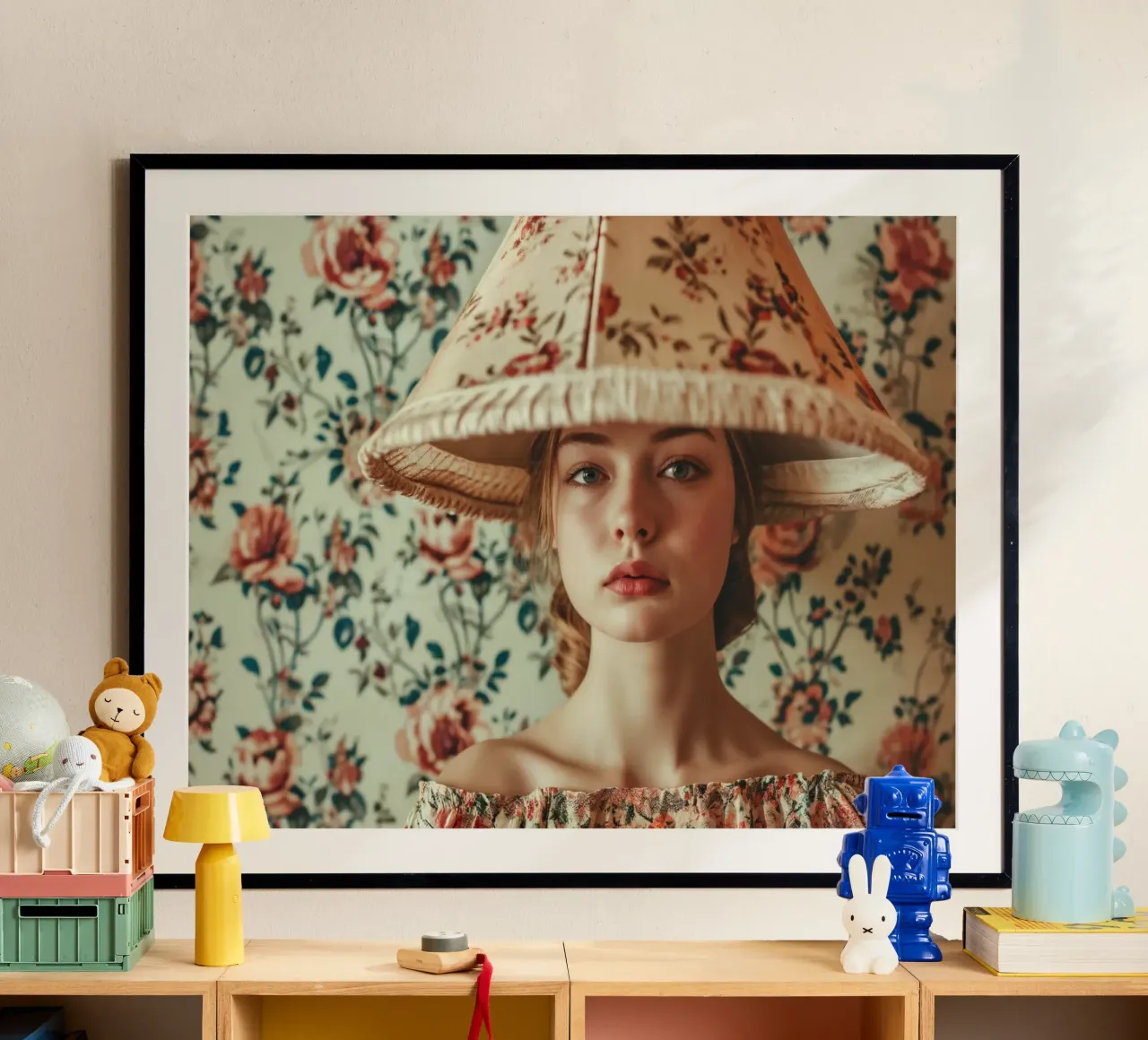 Ritratto di donna vintage con paralume floreale poster con telaio in legno da Lisa Artifexia