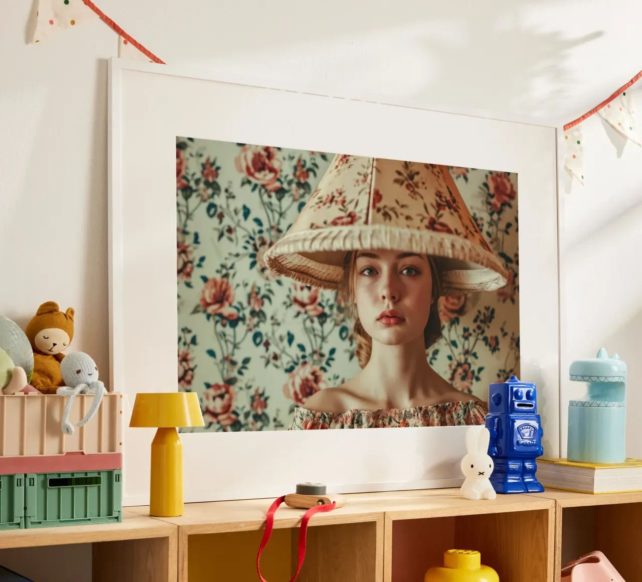 Ritratto di donna vintage con paralume floreale poster con telaio in legno da Lisa Artifexia