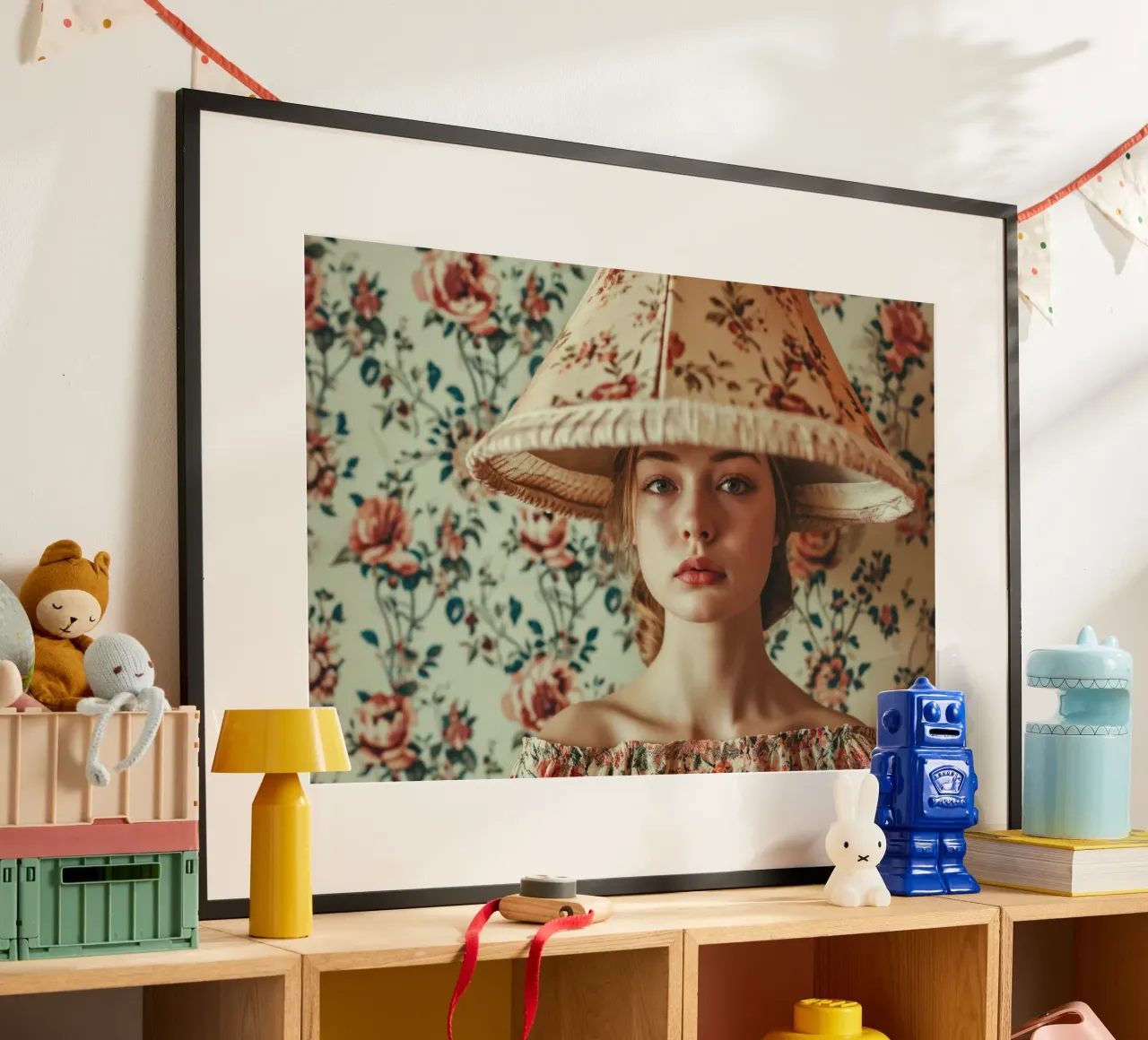 Ritratto di donna vintage con paralume floreale poster con telaio in legno da Lisa Artifexia