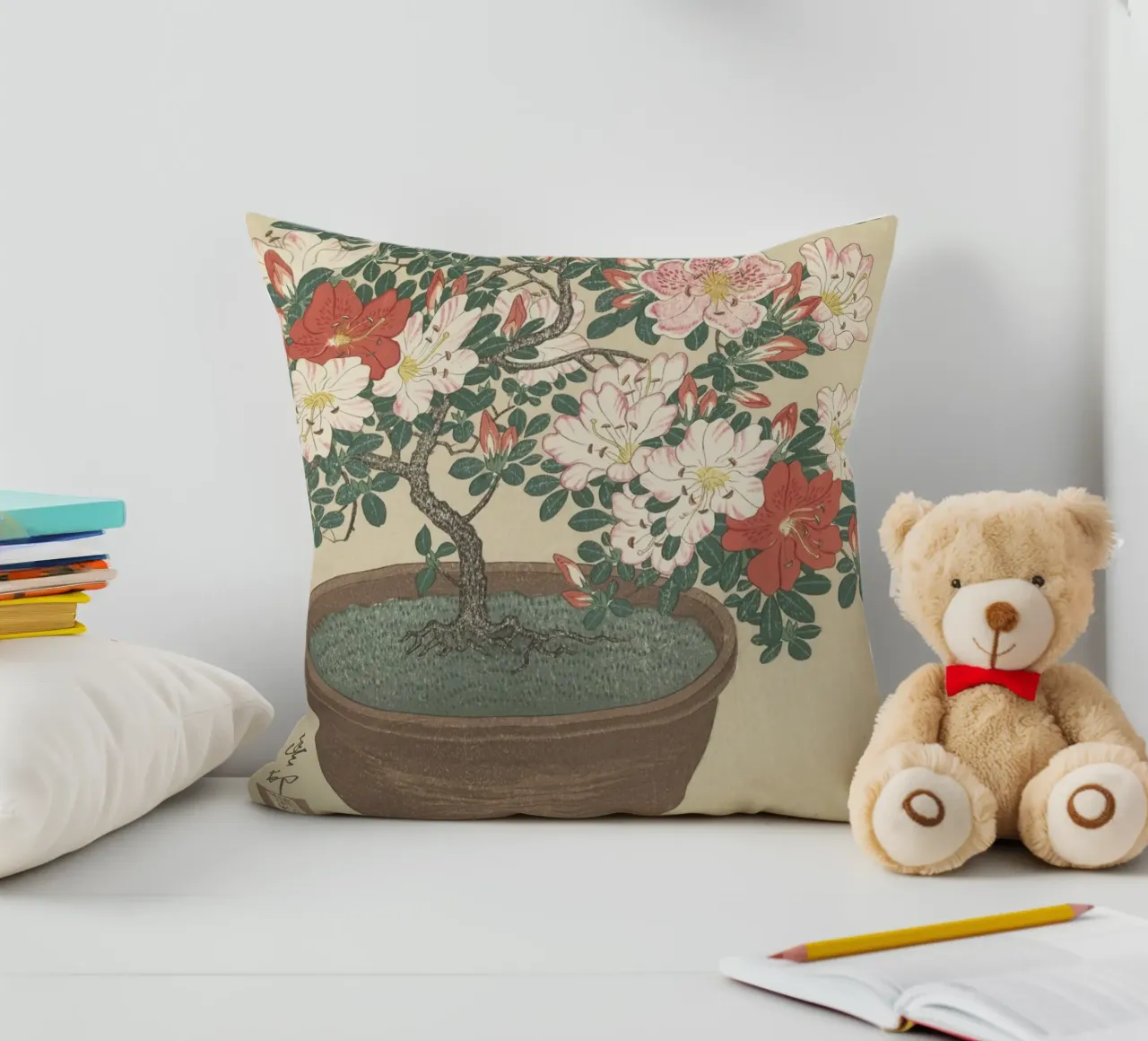 Azalea in fiore in vaso marrone - Ohara Koson cuscino da William Store