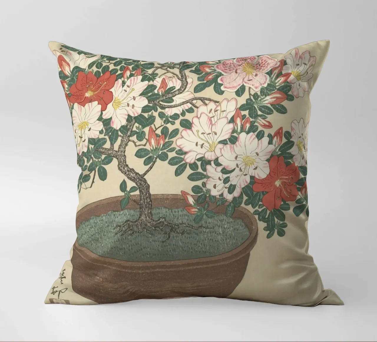 Azalea in fiore in vaso marrone - Ohara Koson cuscino da William Store