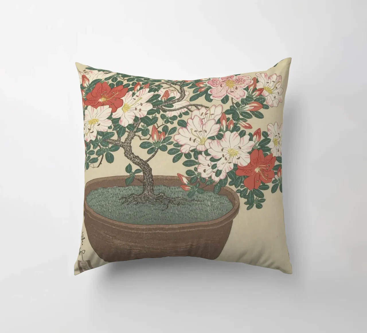 Azalea in fiore in vaso marrone - Ohara Koson cuscino da William Store