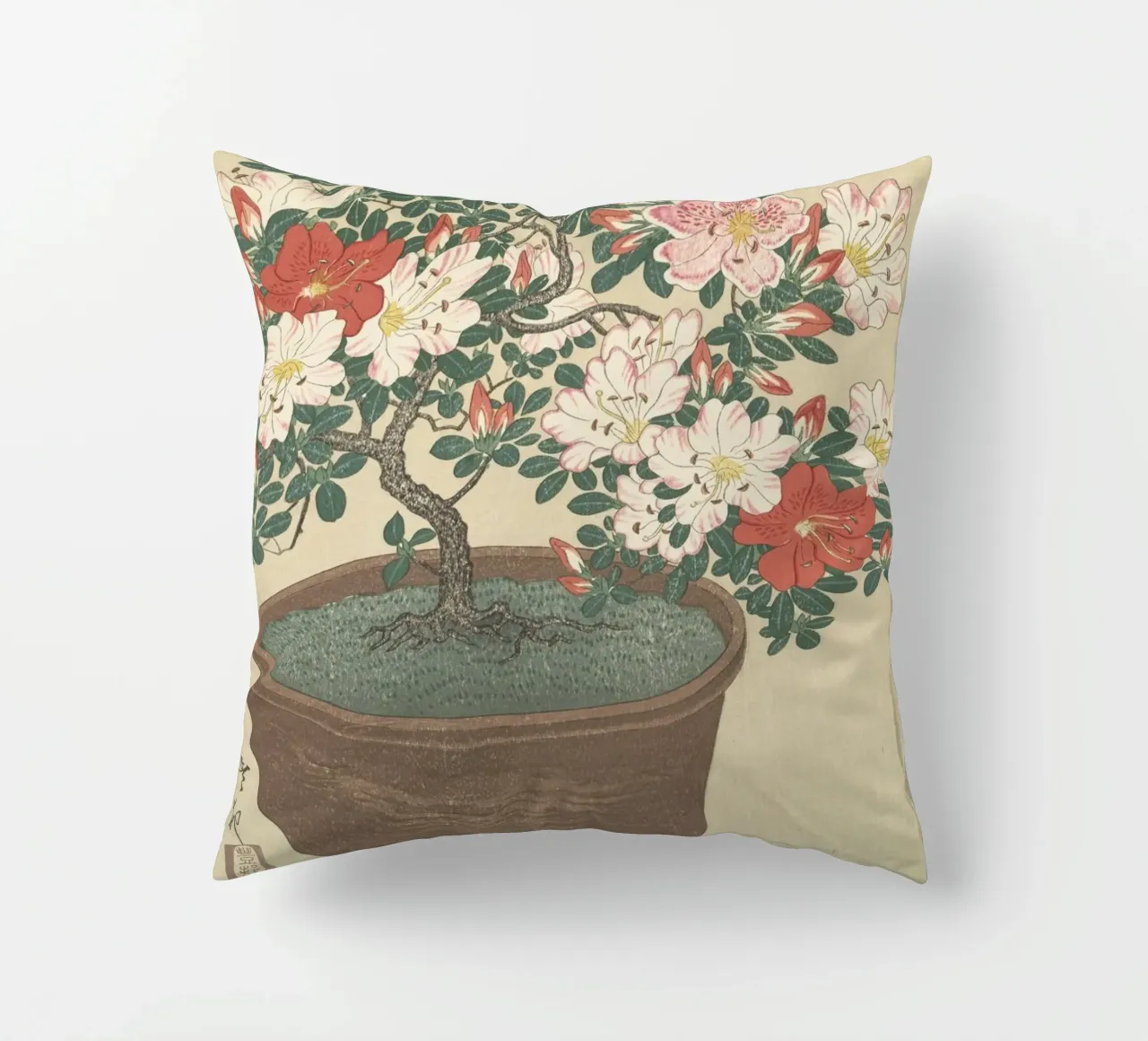 Azalea in fiore in vaso marrone - Ohara Koson cuscino da William Store