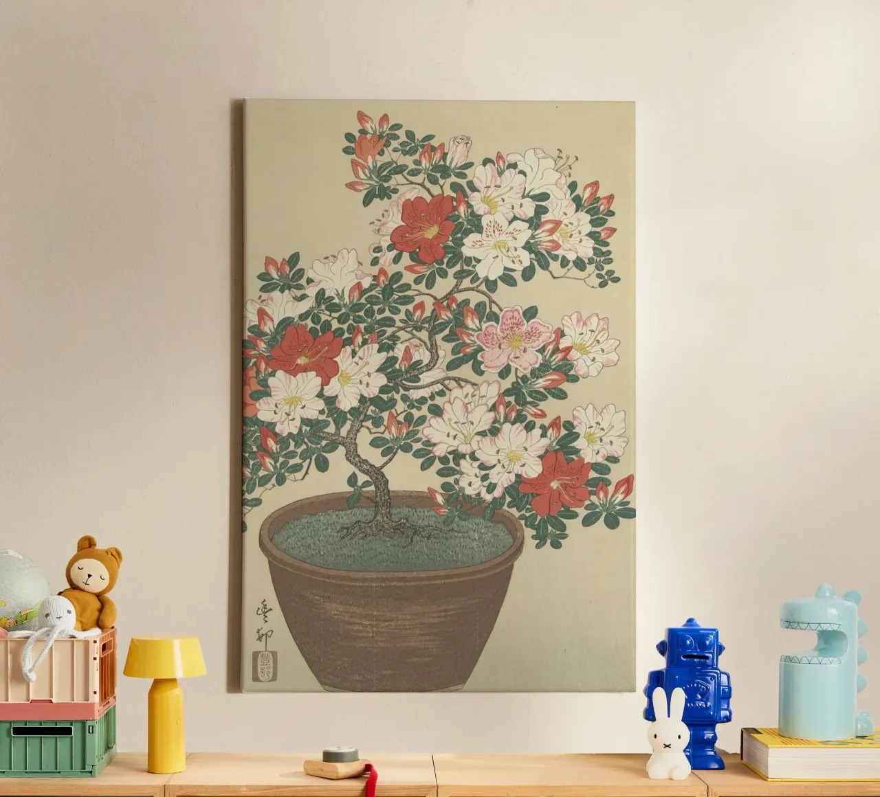 Azalea in fiore in vaso marrone - Ohara Koson tela con Cornice a cassetta da William Store