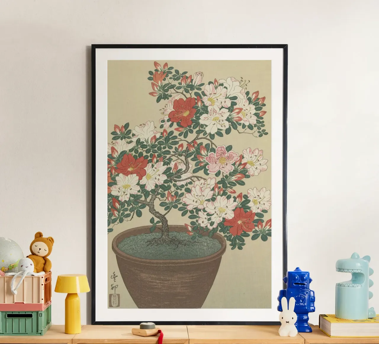 Azalea in fiore in vaso marrone - Ohara Koson carta hahnemühle da William Store