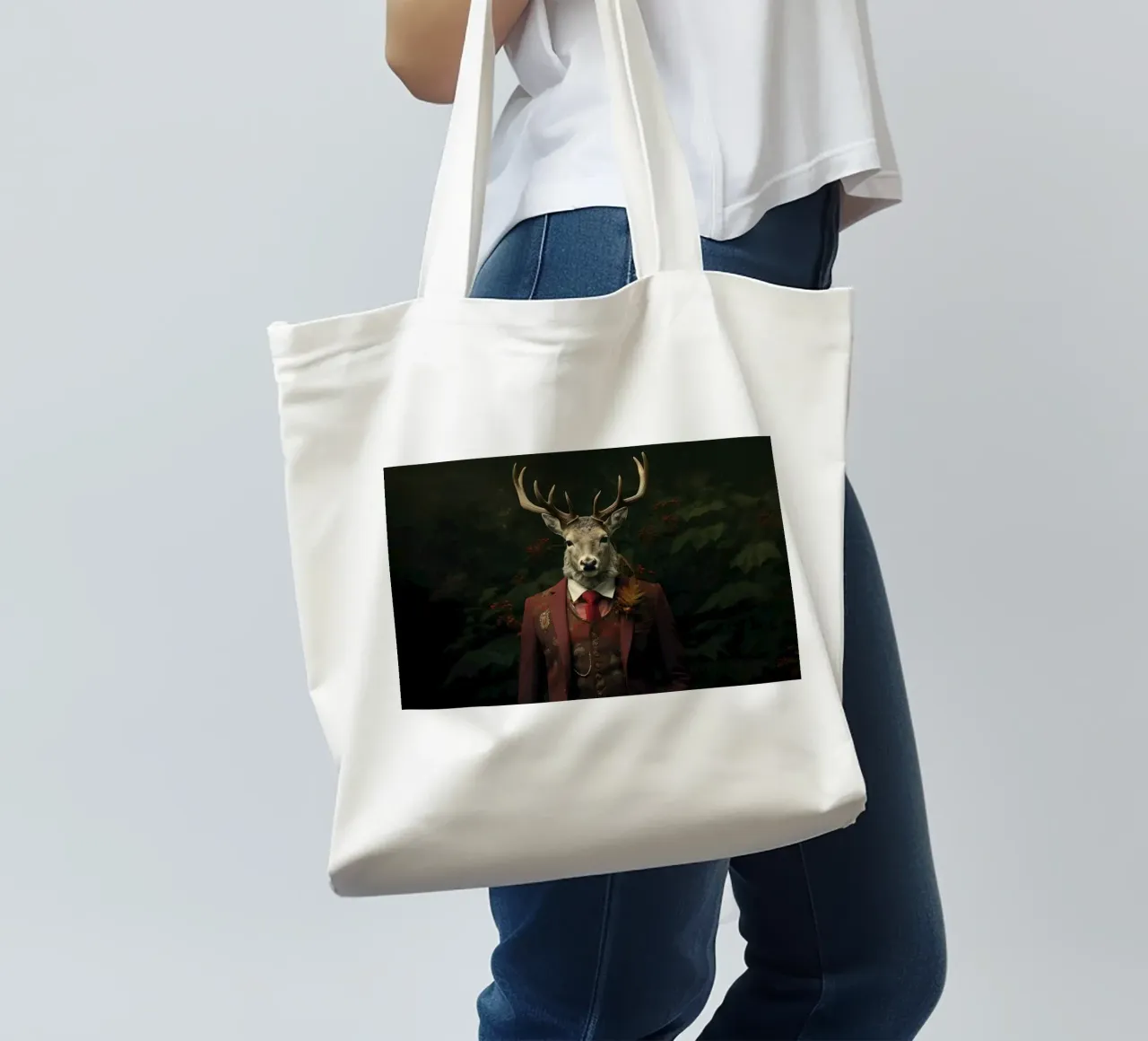 Cervo con testa di cervo gentiluomo in una foresta oscura borsa in juta da Lisa Artifexia