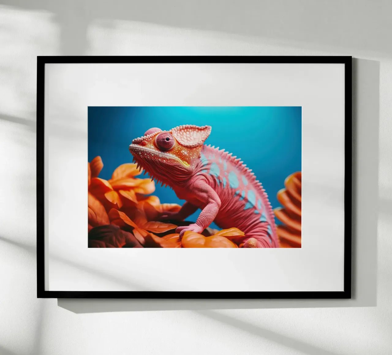 Camaleonte vibrante su foglie arancioni poster con telaio in plastica da Lisa Artifexia