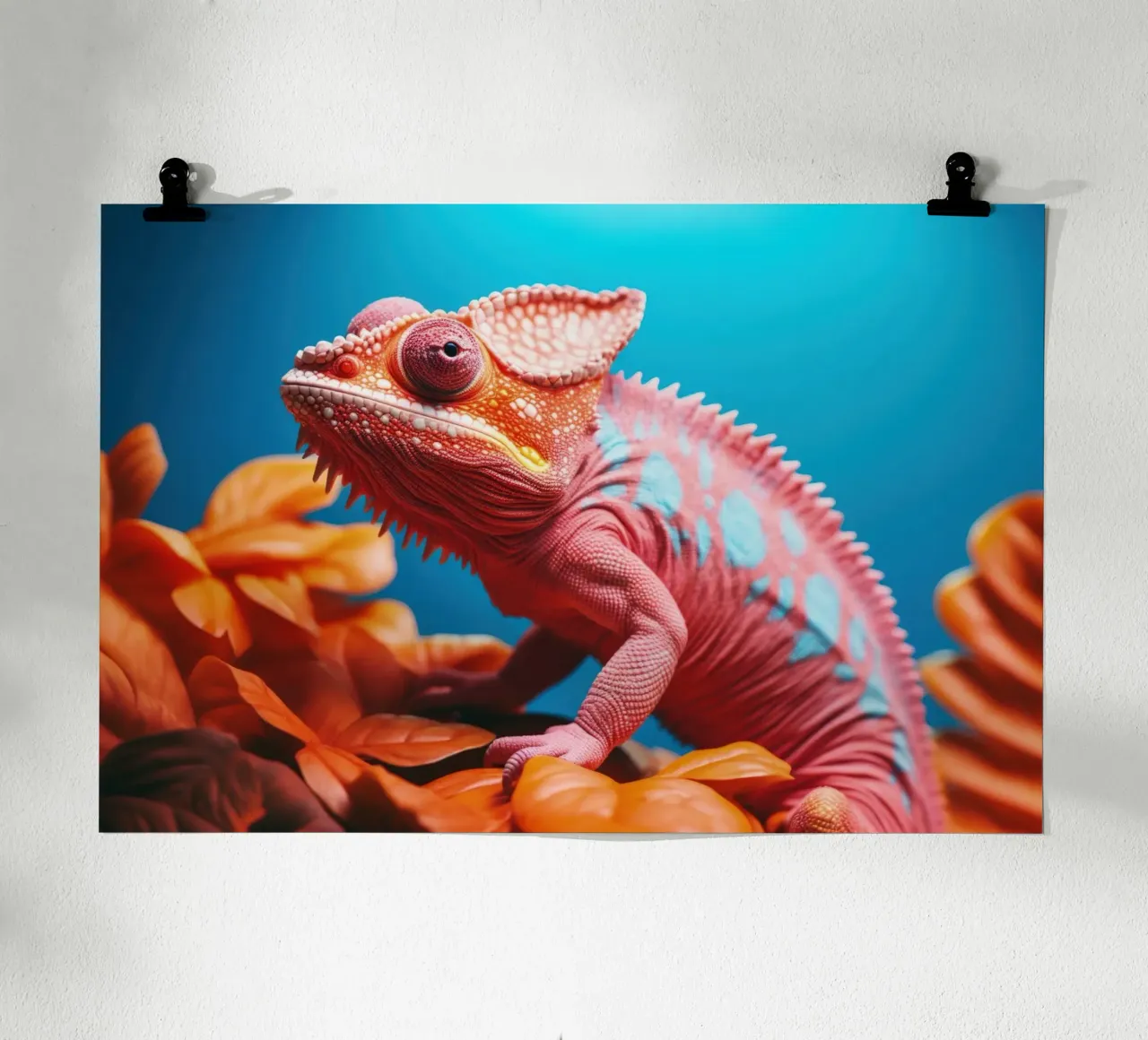 Camaleonte vibrante su foglie arancioni poster con telaio in plastica da Lisa Artifexia