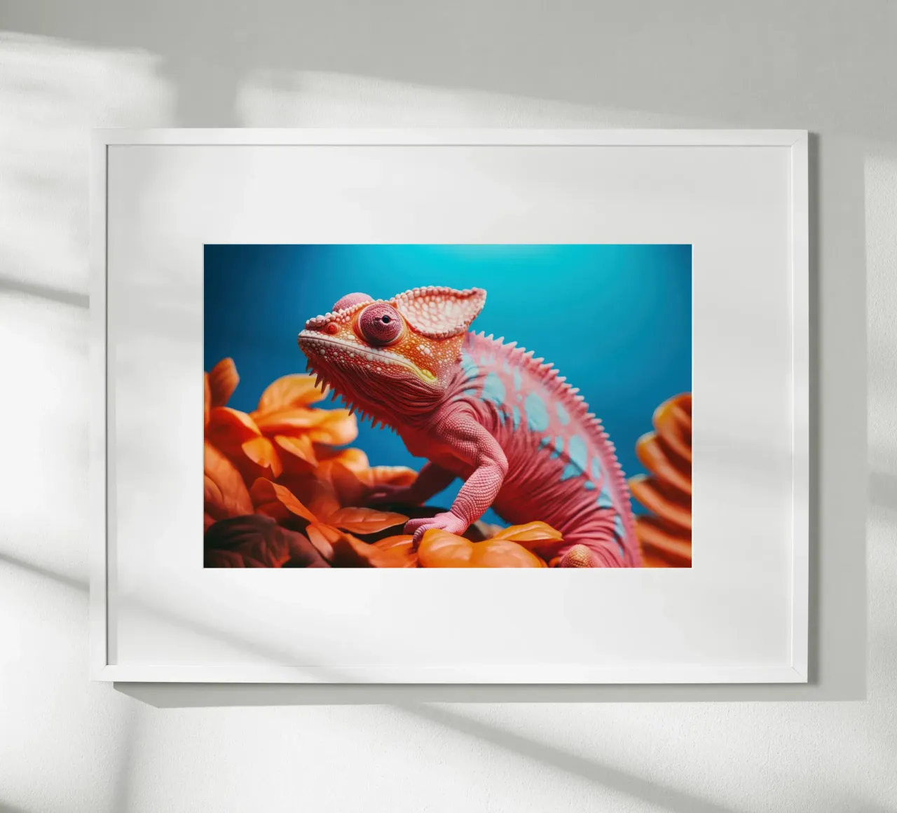 Camaleonte vibrante su foglie arancioni poster con telaio in plastica da Lisa Artifexia