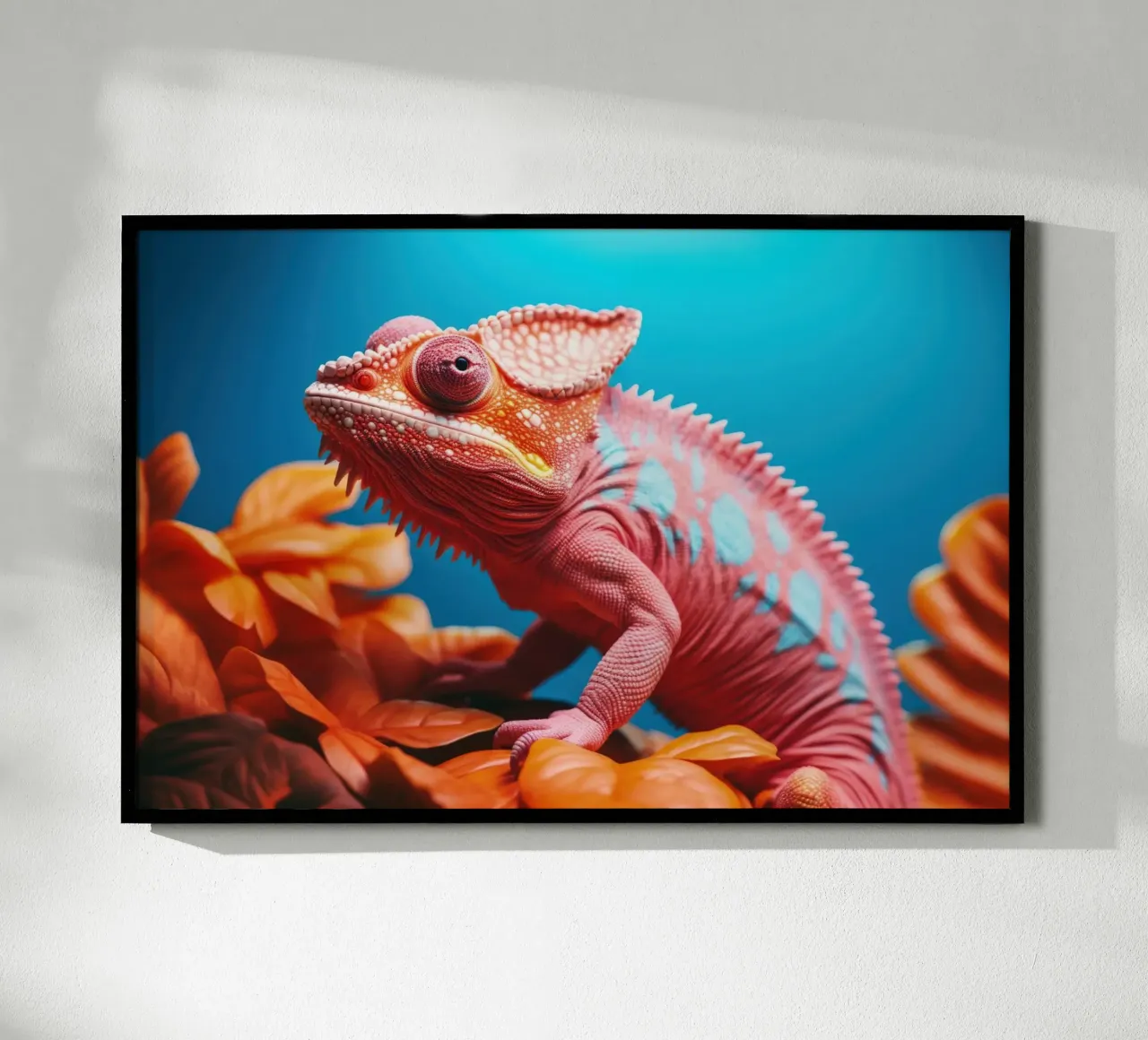 Camaleonte vibrante su foglie arancioni poster con telaio in plastica da Lisa Artifexia