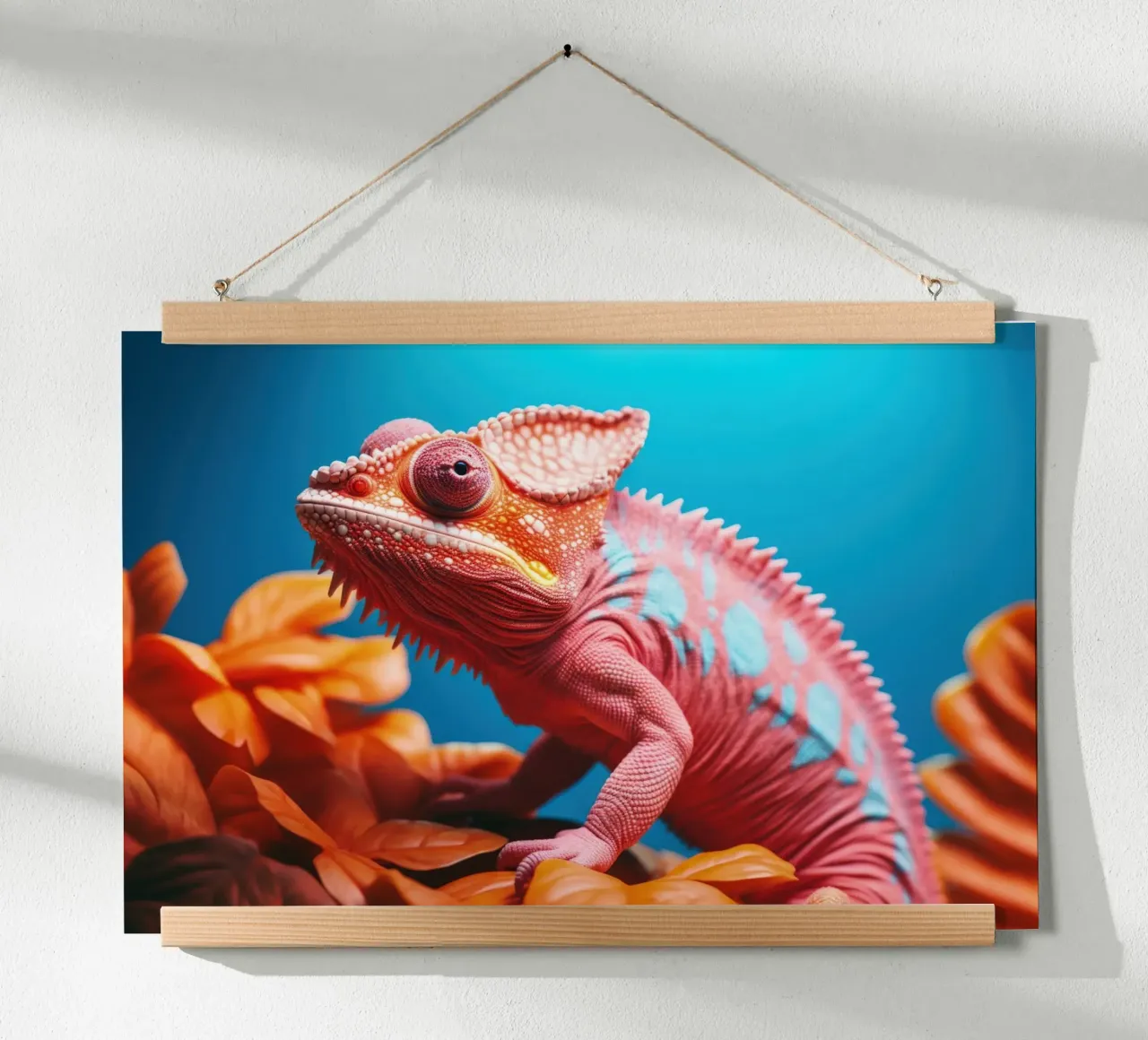 Camaleonte vibrante su foglie arancioni poster con telaio in plastica da Lisa Artifexia
