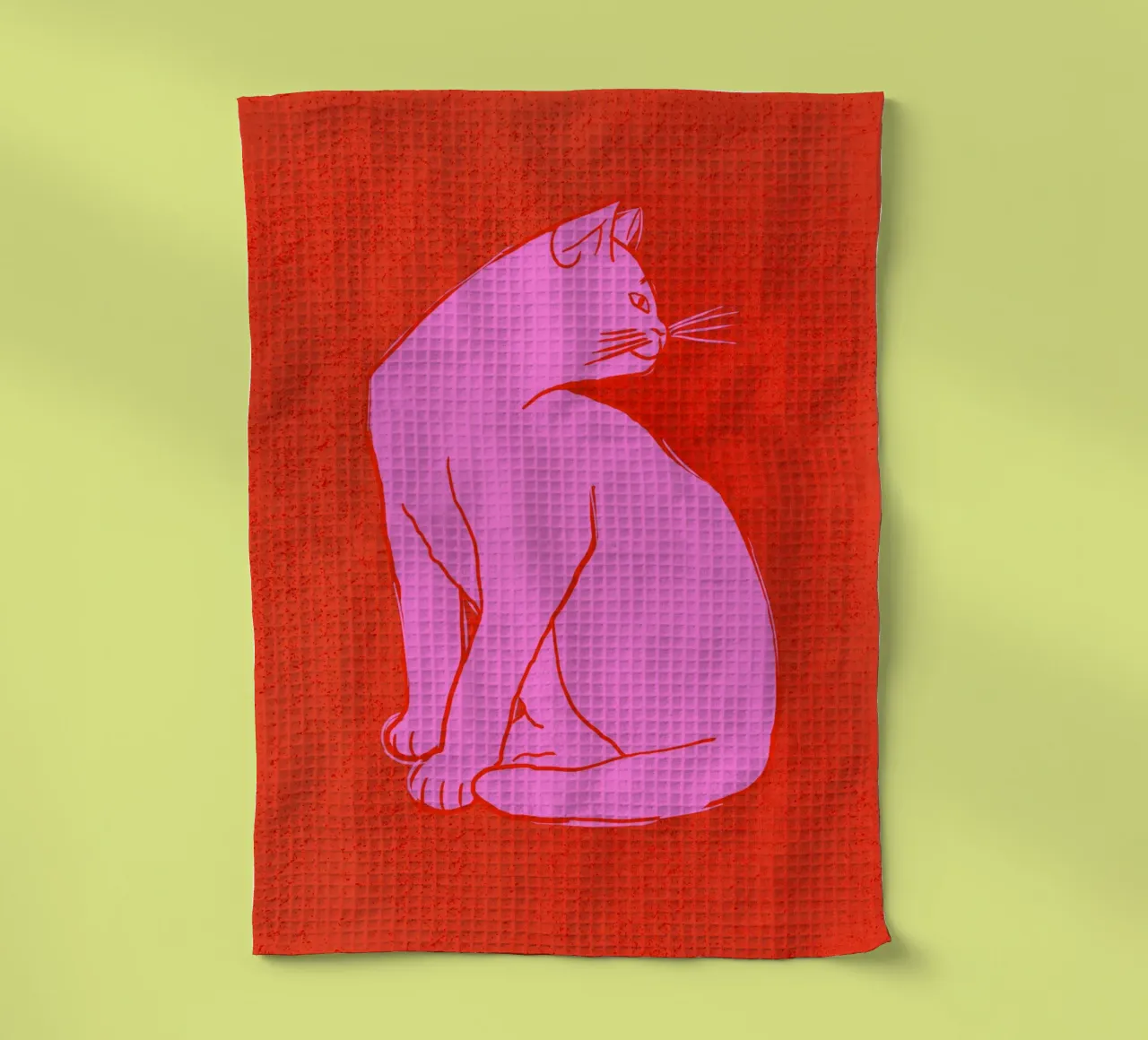 Hand-Drawn Pink Cat Art Print - Dopamine Decor tea towel by showmemars