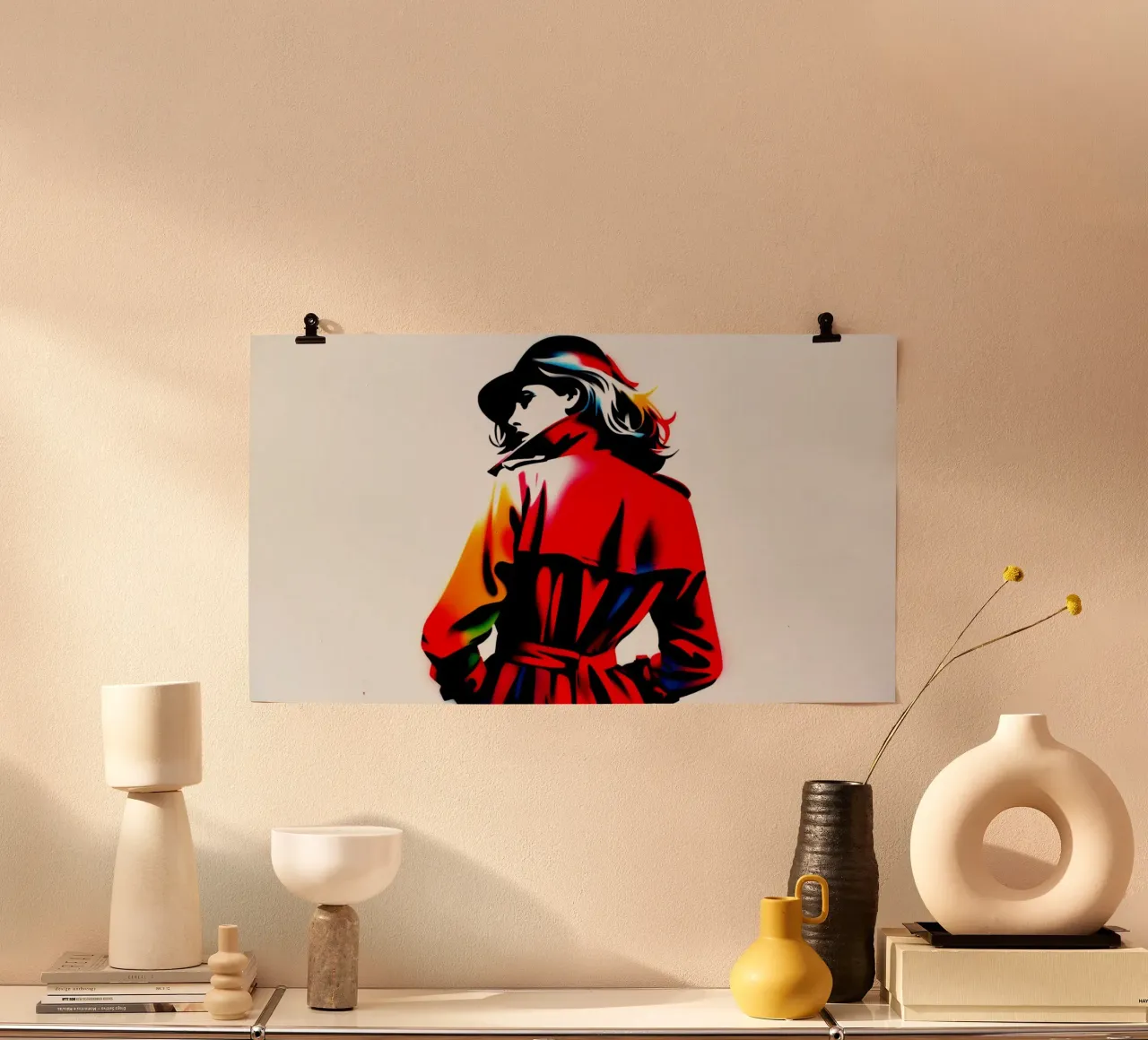 Red Trenchcoat – Stencil, Graffiti & Streetart poster con telaio in legno da STAN Z.