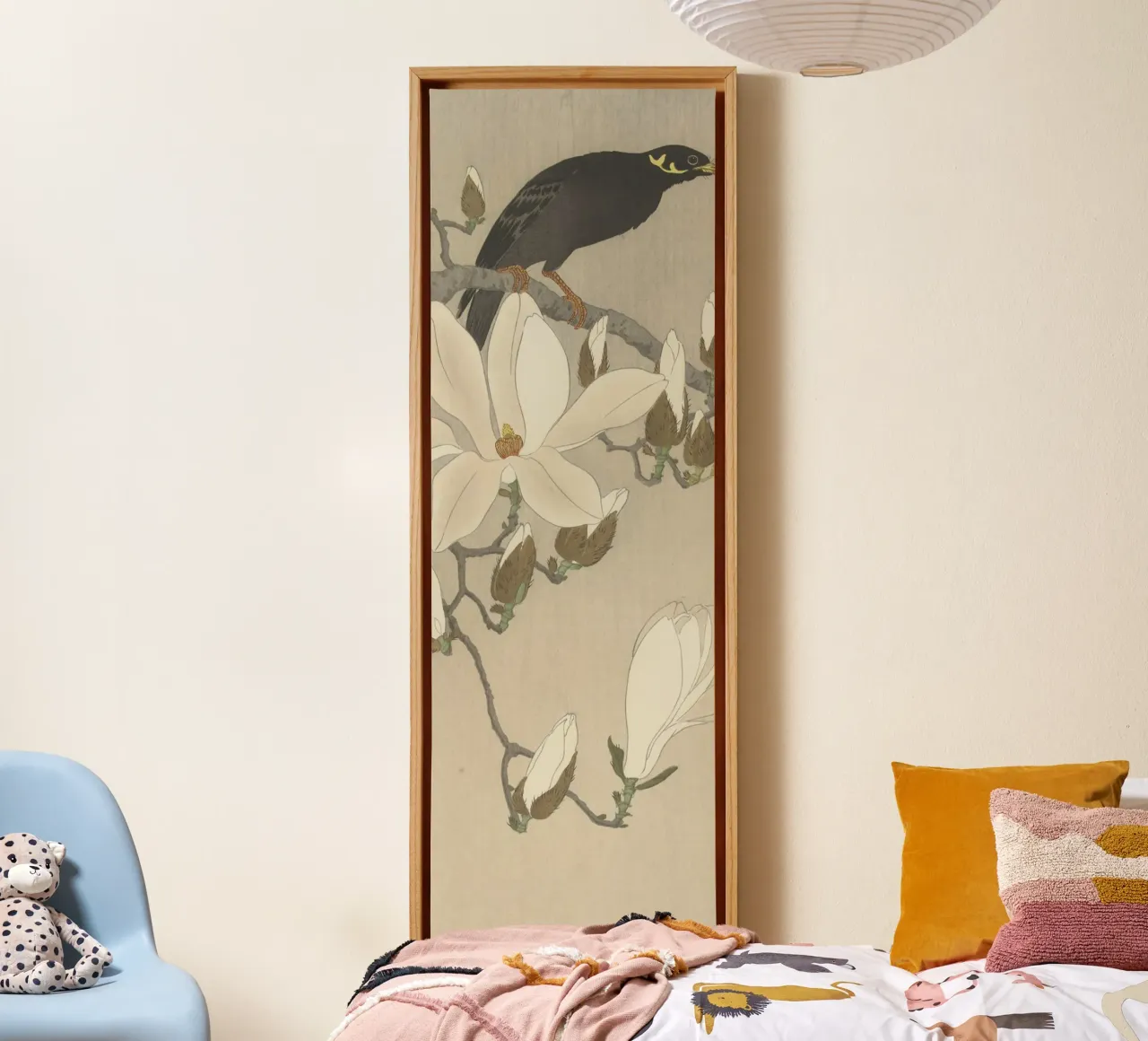Myna on Magnolia Branch, Ohara Koson, canvas with Floater frame by William Store