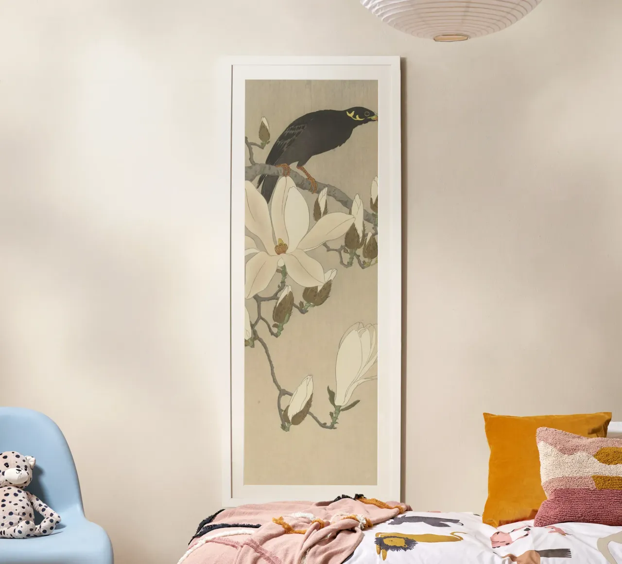 Myna sul ramo di Magnolia, Ohara Koson, poster con telaio in plastica da William Store