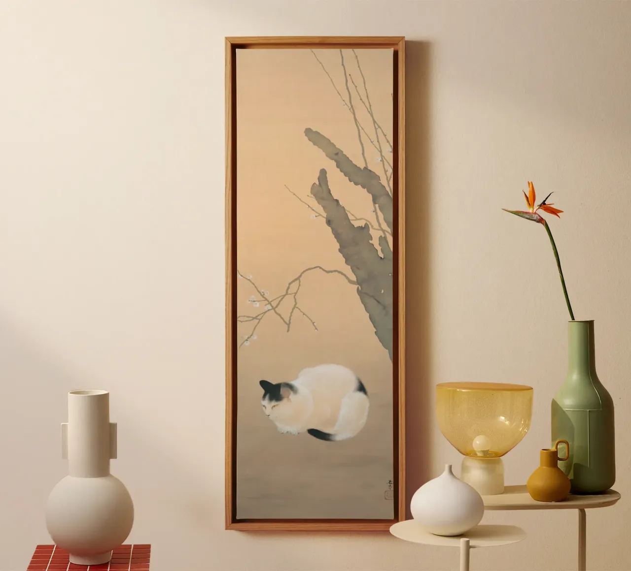 Gatto e fiori di prugno - Hishida shunso tela con Cornice a cassetta da William Store