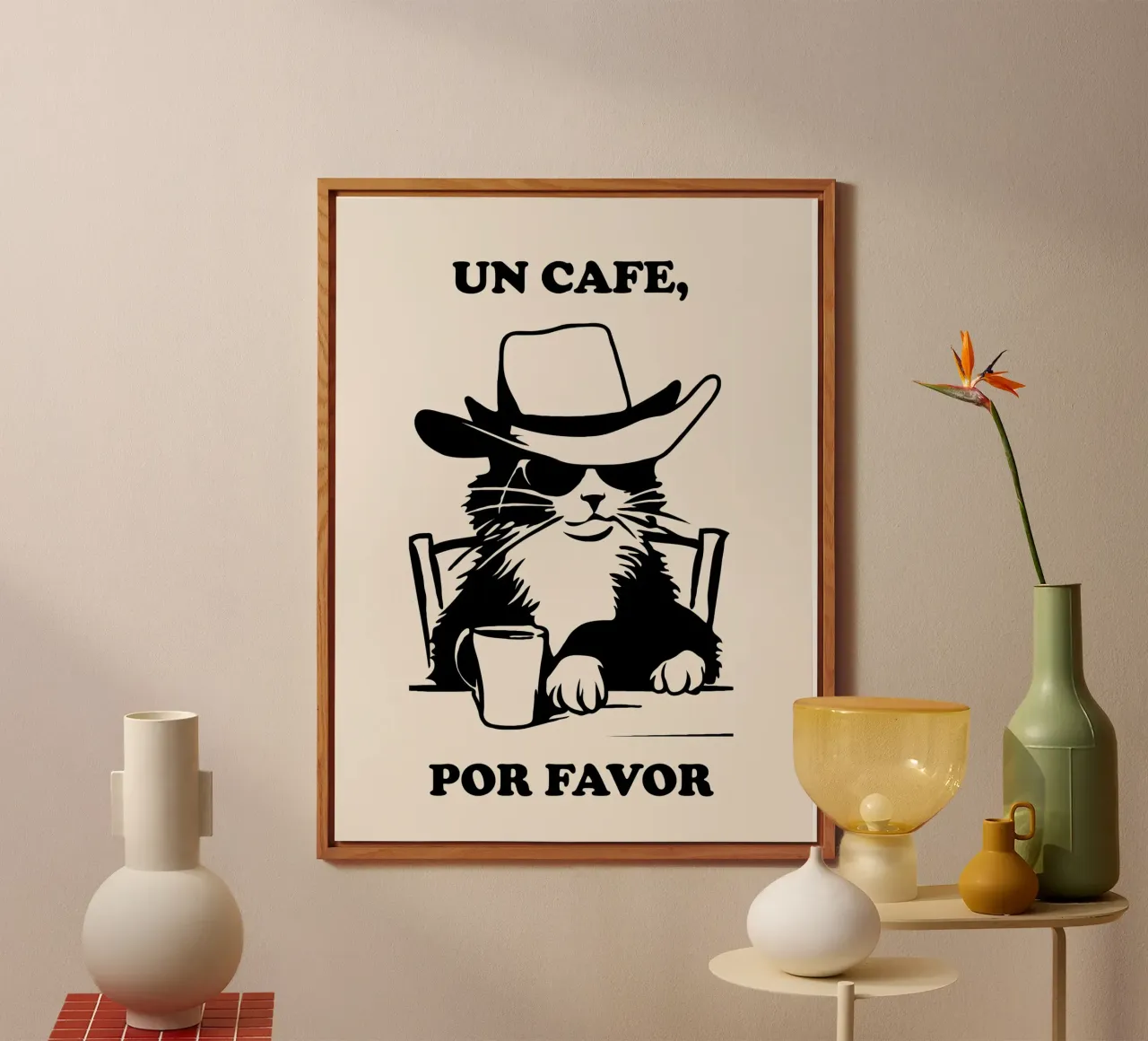 Cat Cofffe Art, Un Cafe Por Favour alluminio dibond da Peaches Art Prints