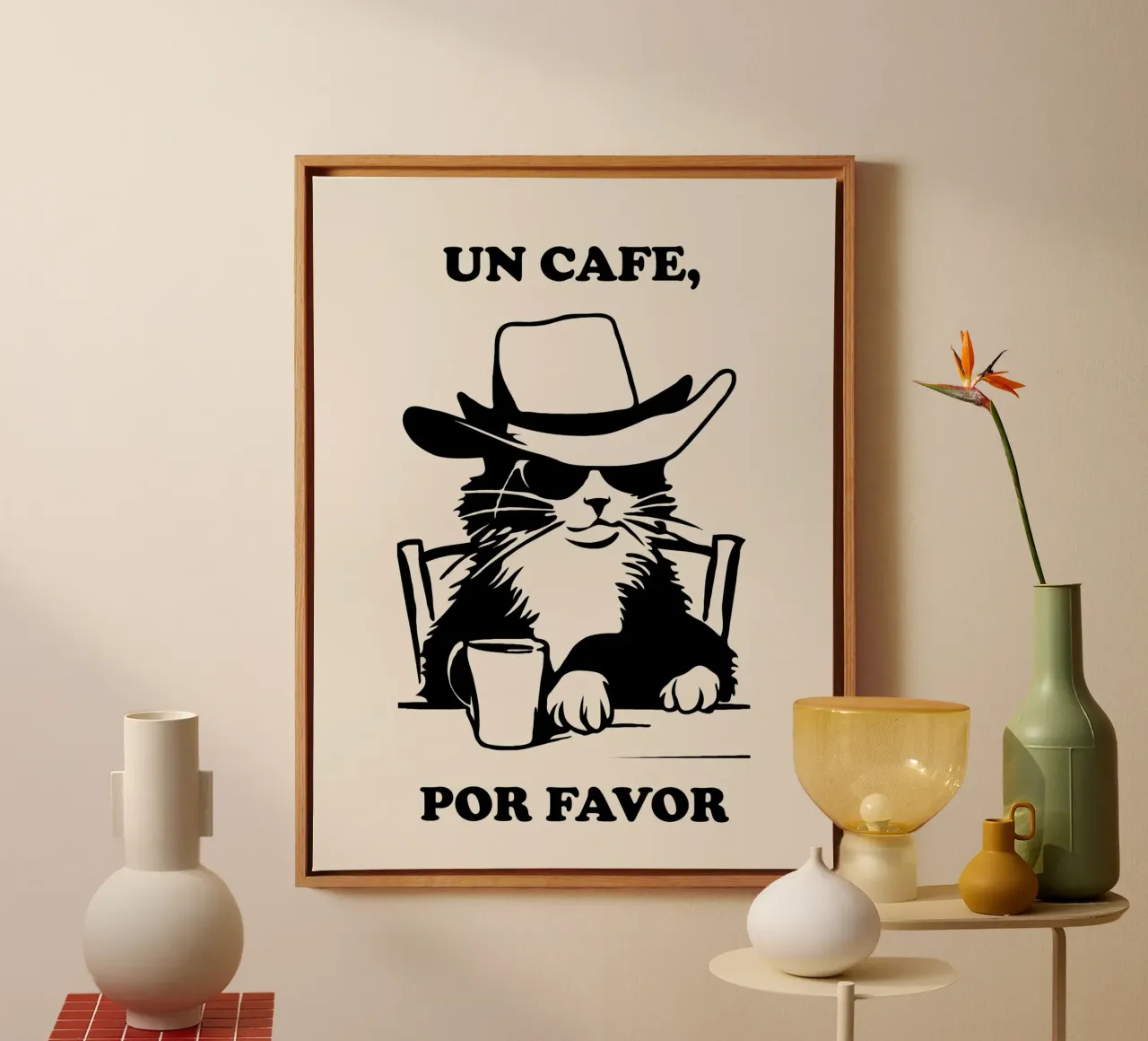 Cat Cofffe Art, Un Cafe Por Favour tela con Cornice a cassetta da Peaches Art Prints