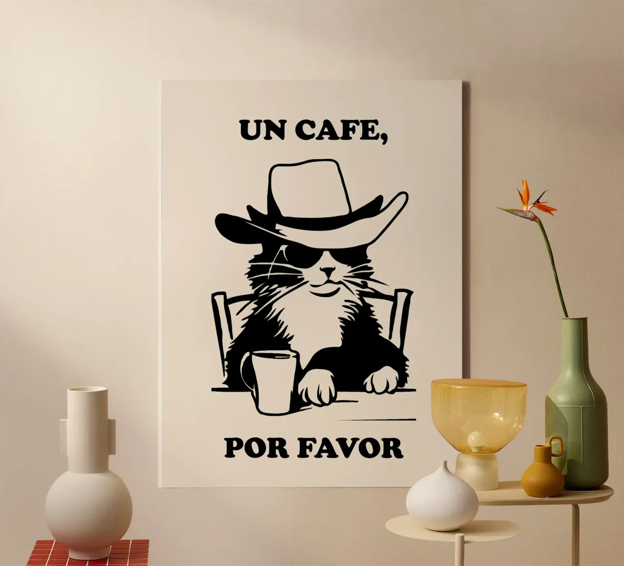 Cat Cofffe Art, Un Cafe Por Favour tela con Cornice a cassetta da Peaches Art Prints