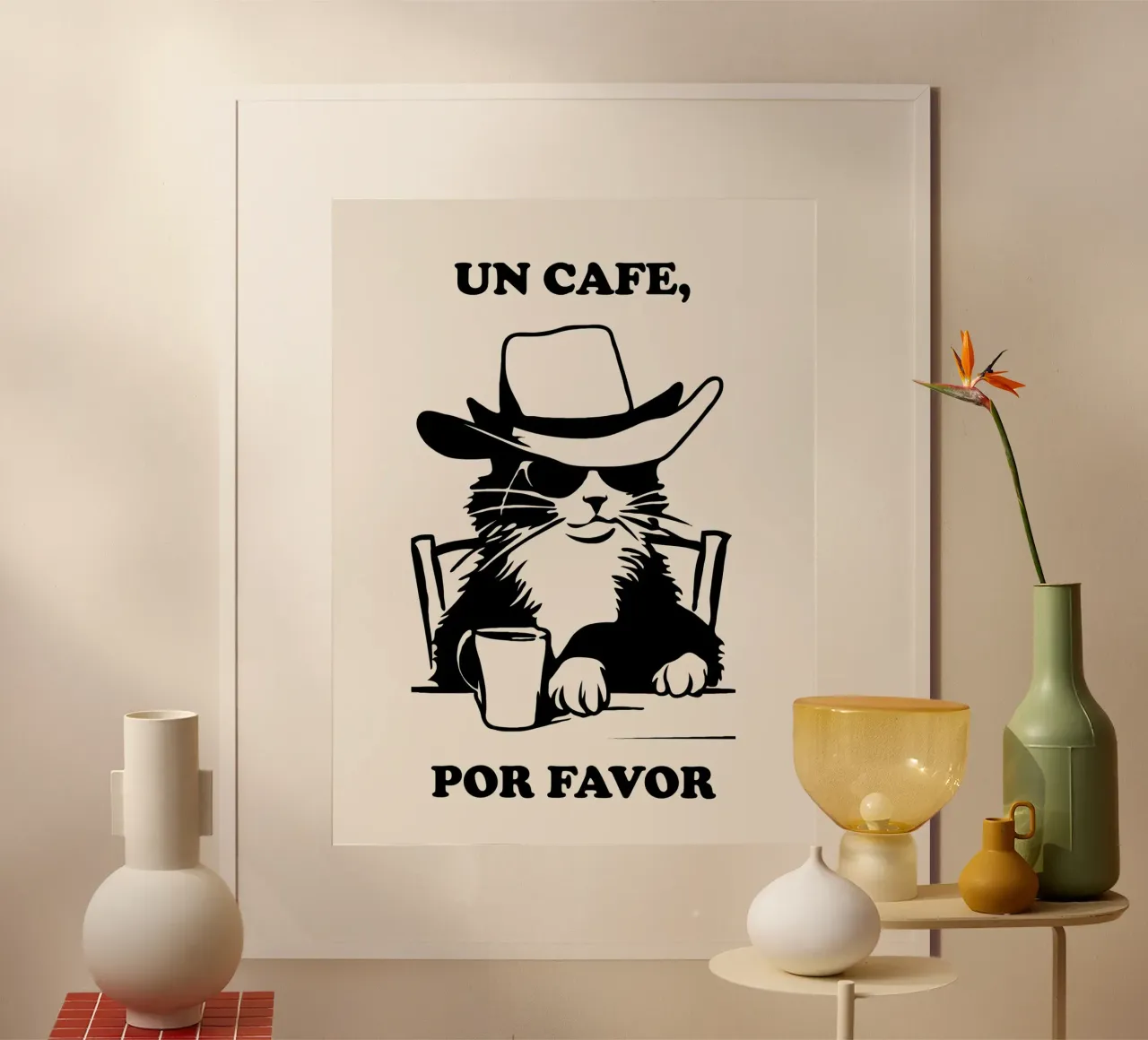 Cat Cofffe Art, Un Cafe Por Favour poster da Peaches Art Prints