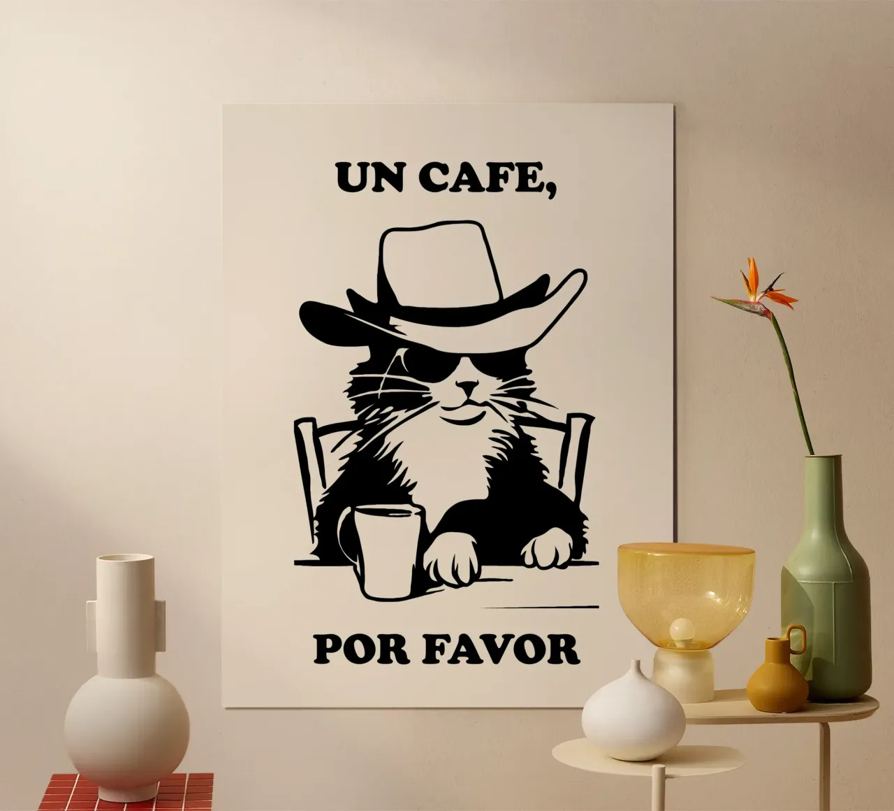 Cat Cofffe Art, Un Cafe Por Favour poster da Peaches Art Prints