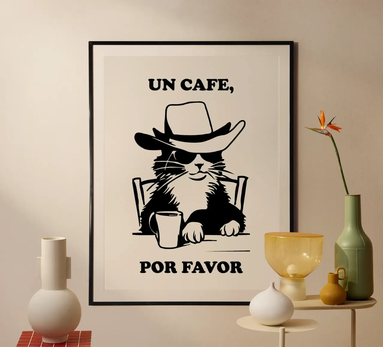 Cat Cofffe Art, Un Cafe Por Favour poster da Peaches Art Prints