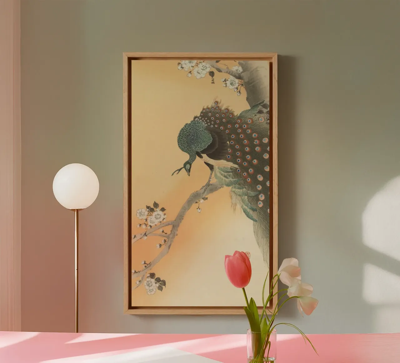 Peacock in cherry tree - Ohara Koson canvas with Floater frame by William Store