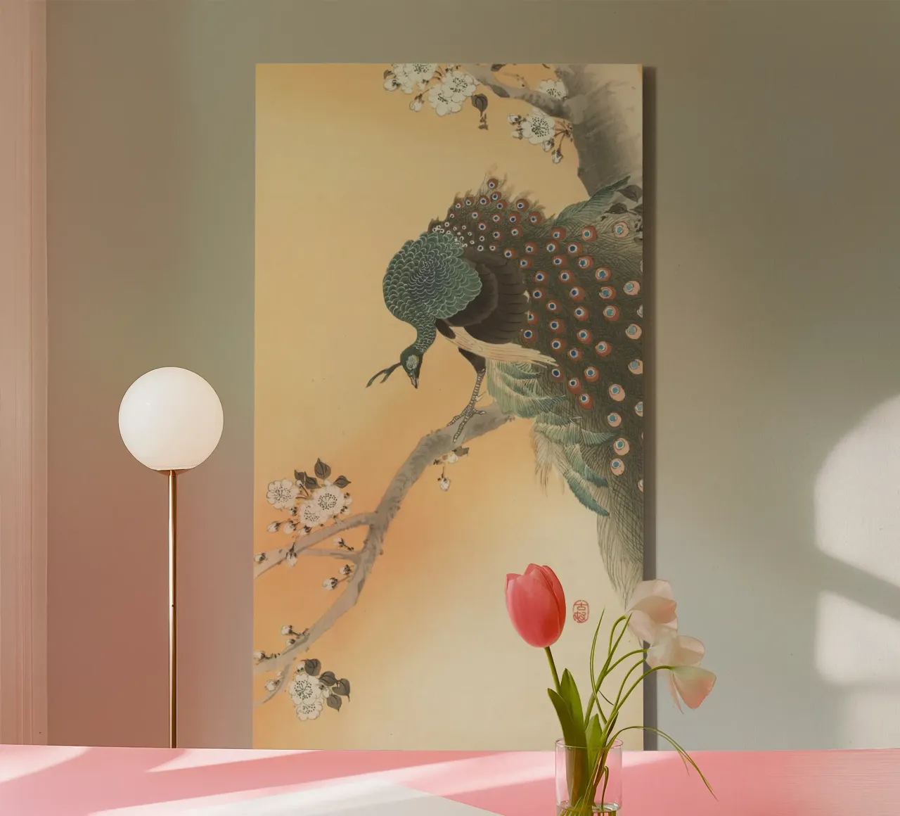 Peacock in cherry tree - Ohara Koson canvas with Floater frame by William Store