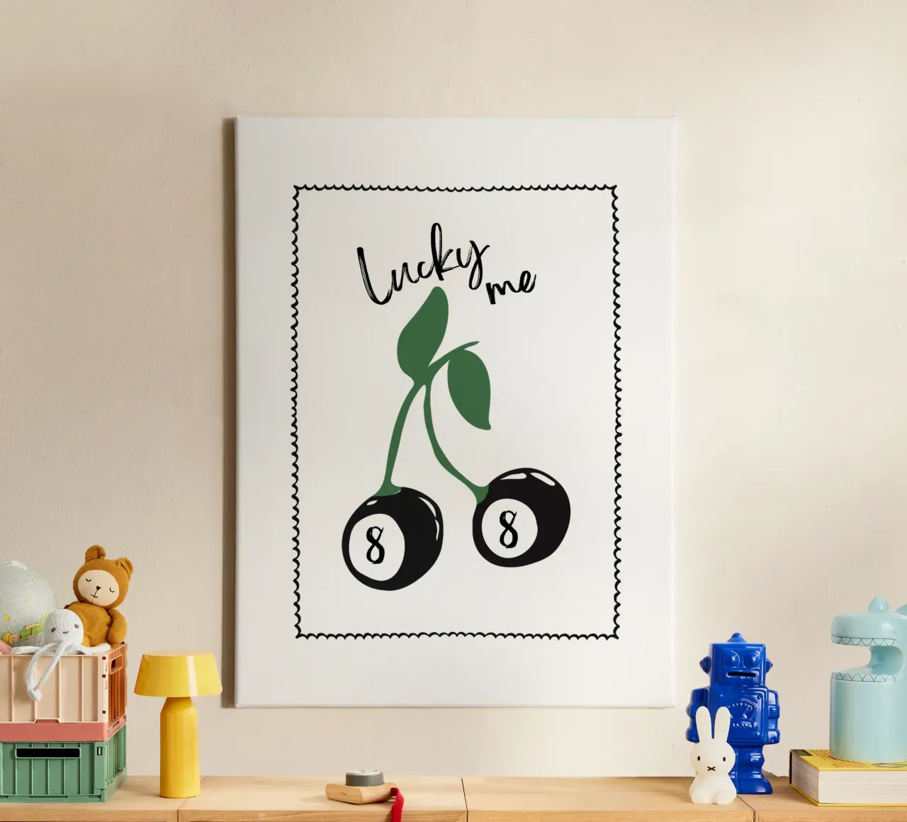 Lucky Me, palla di cibo a 8 ciliegie con stampa trendy e retrò tela con Cornice a cassetta da Peaches Art Prints