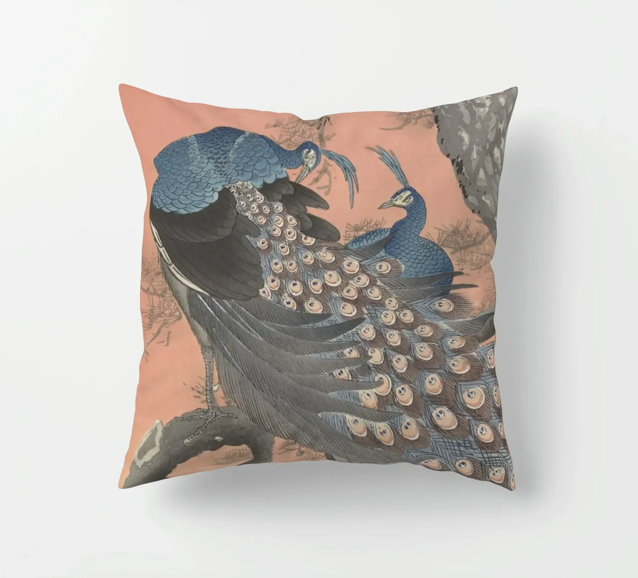 Deux paons sur une branche d'arbre - Ohara Koson coussin de William Store