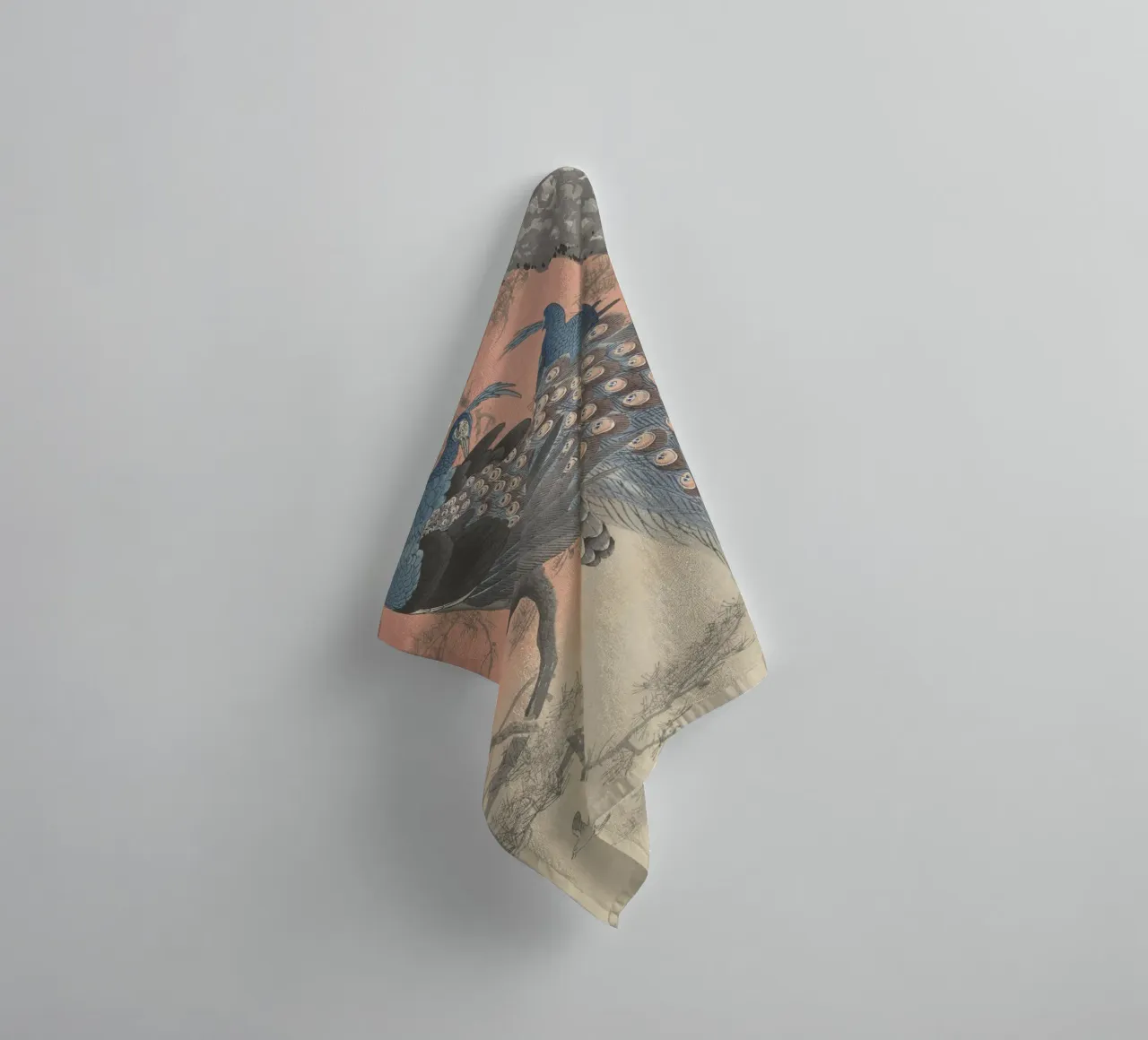 Two peacocks on tree branch - Ohara Koson towel by William Store