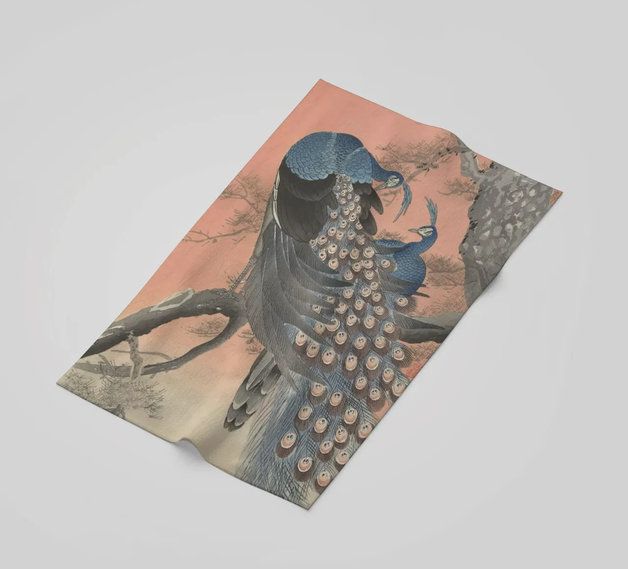 Two peacocks on tree branch - Ohara Koson beach towel by William Store