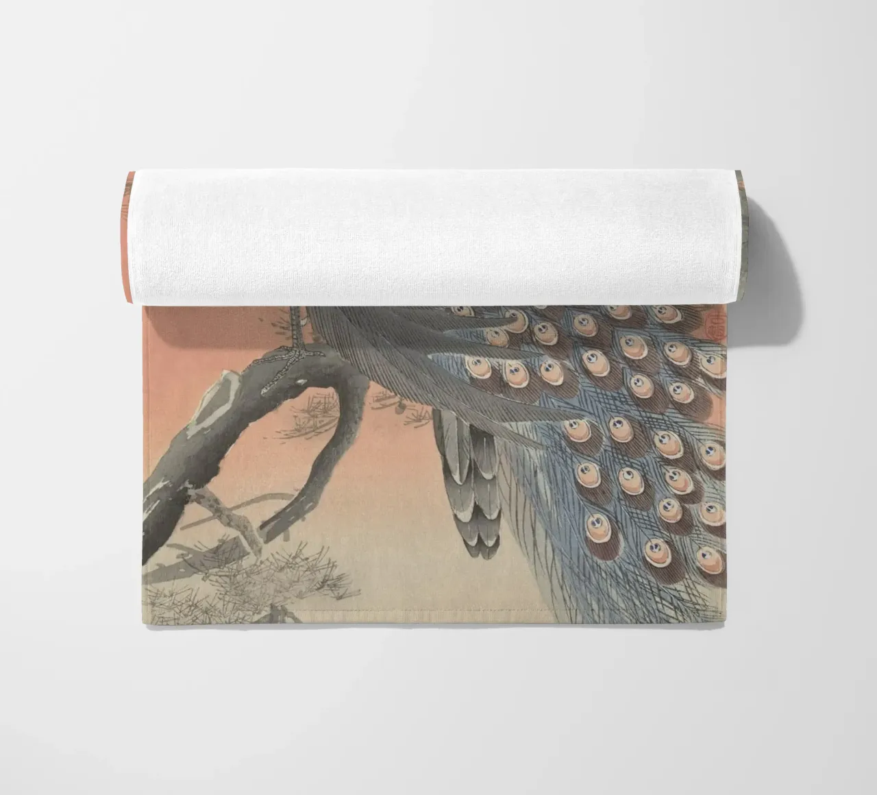 Two peacocks on tree branch - Ohara Koson beach towel by William Store