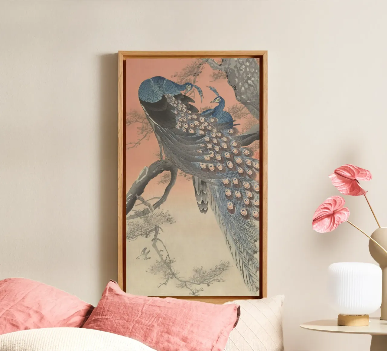 Two peacocks on tree branch - Ohara Koson canvas with Floater frame by William Store