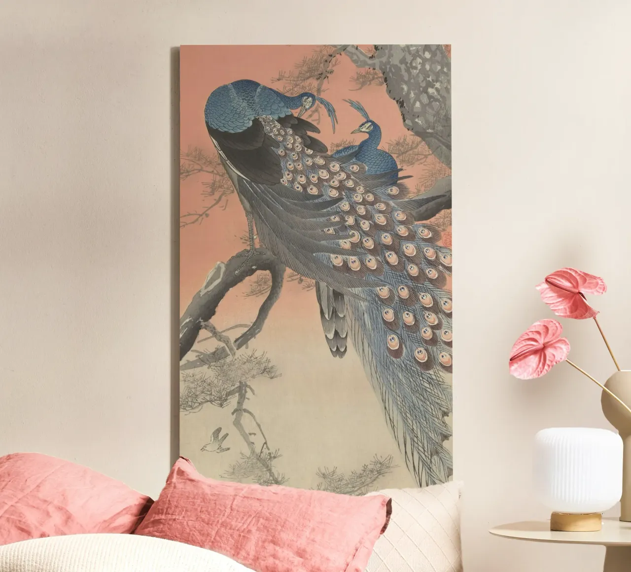 Two peacocks on tree branch - Ohara Koson canvas with Floater frame by William Store