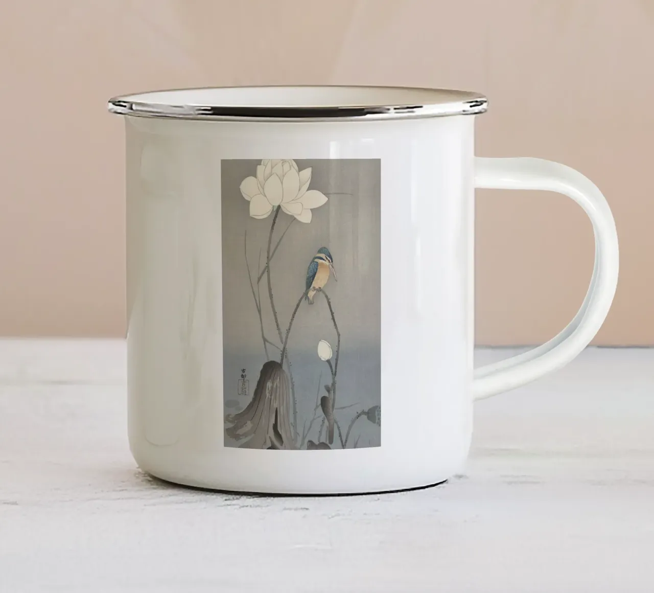 Martin pescatore con fiore di loto - Ohara Koson tazza in smalto da William Store
