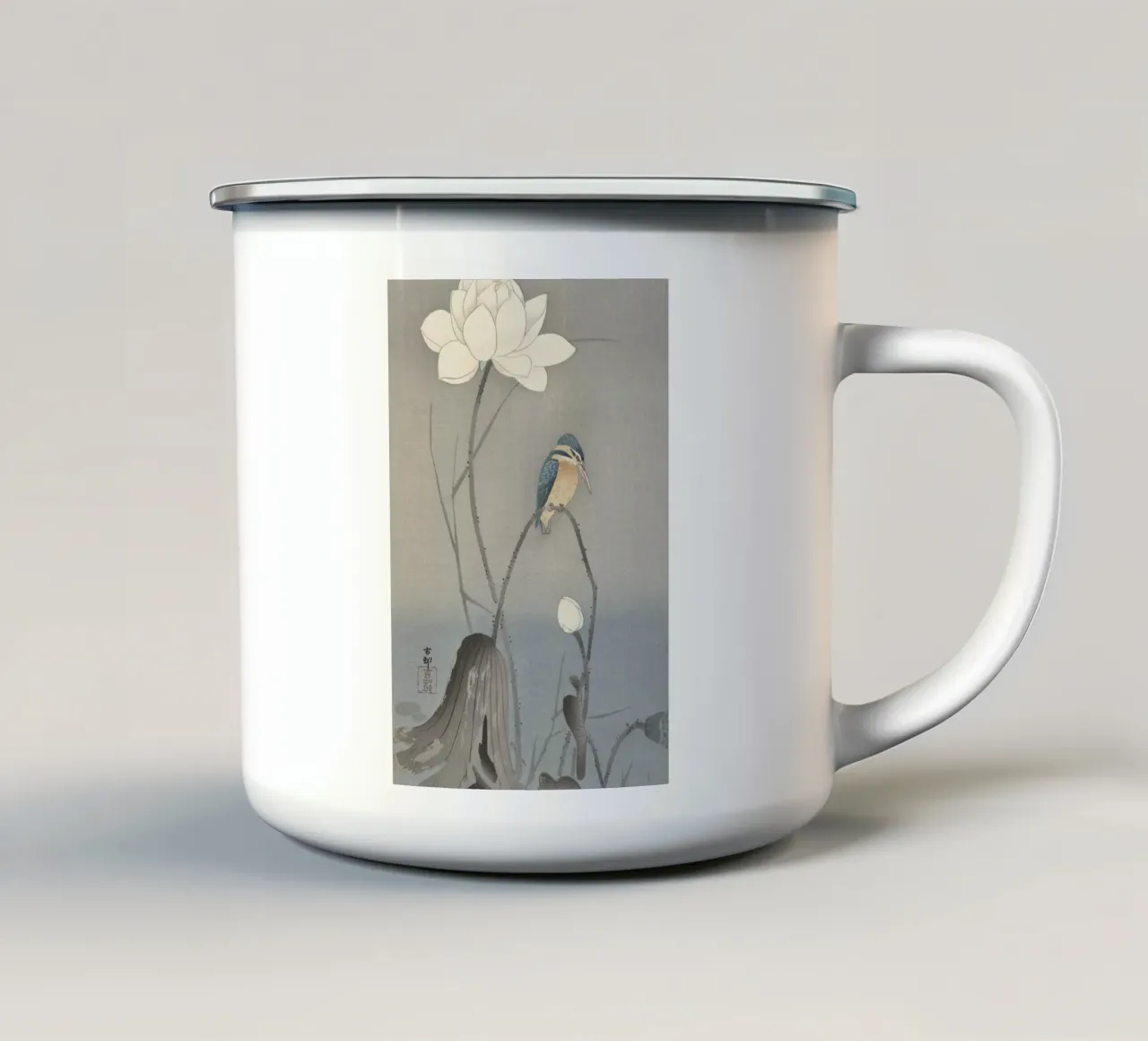 Martin pescatore con fiore di loto - Ohara Koson tazza in smalto da William Store