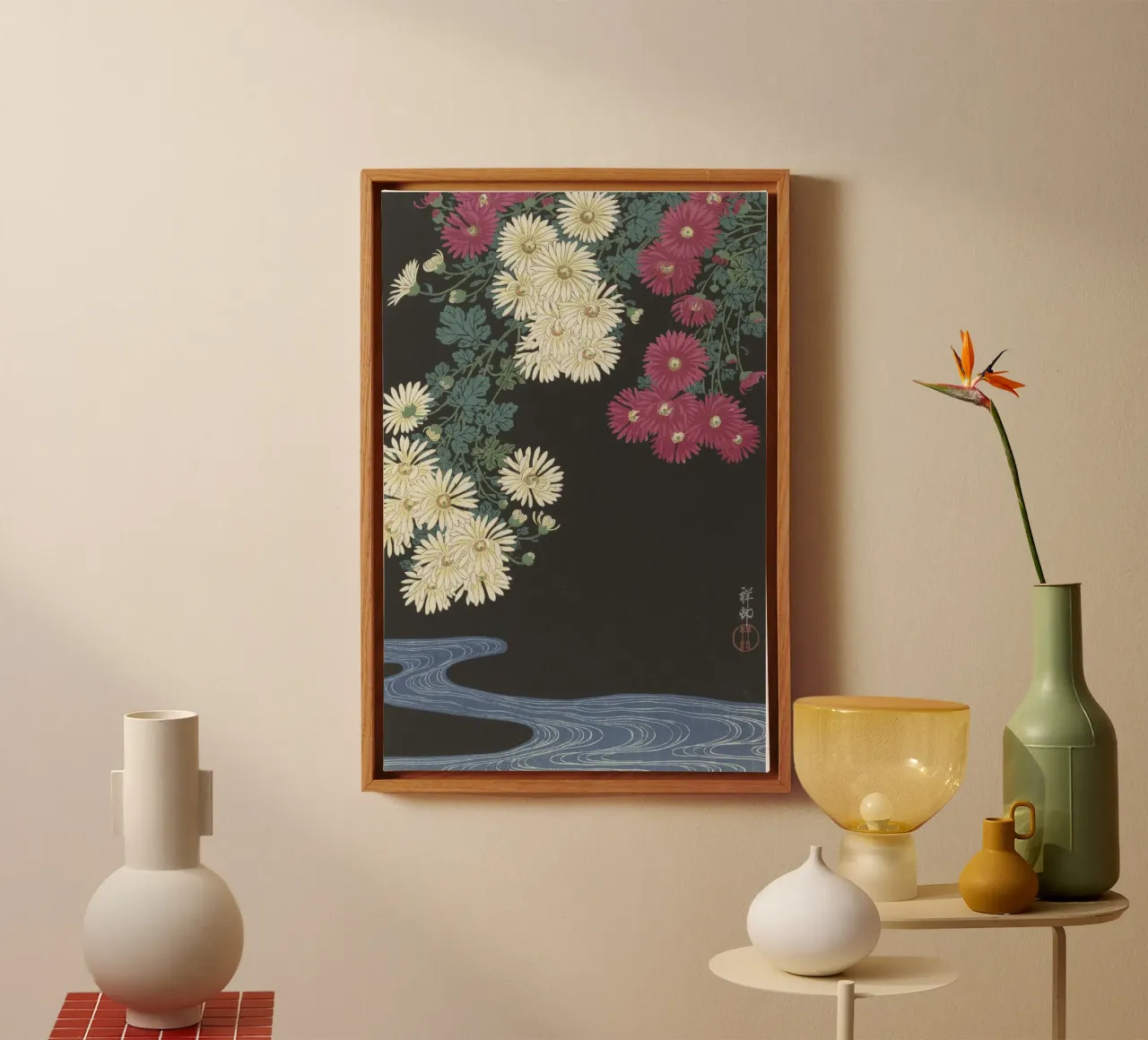Chrysanthemums and Running Water - Ohara Koson canvas with Floater frame by William Store