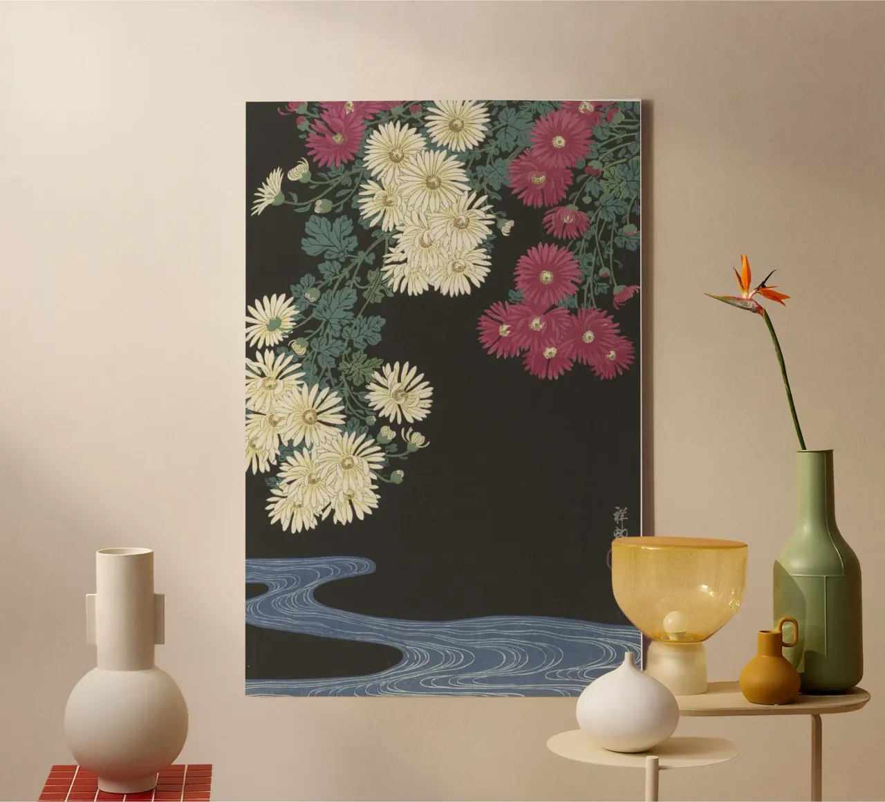 Chrysanthemums and Running Water - Ohara Koson canvas with Floater frame by William Store