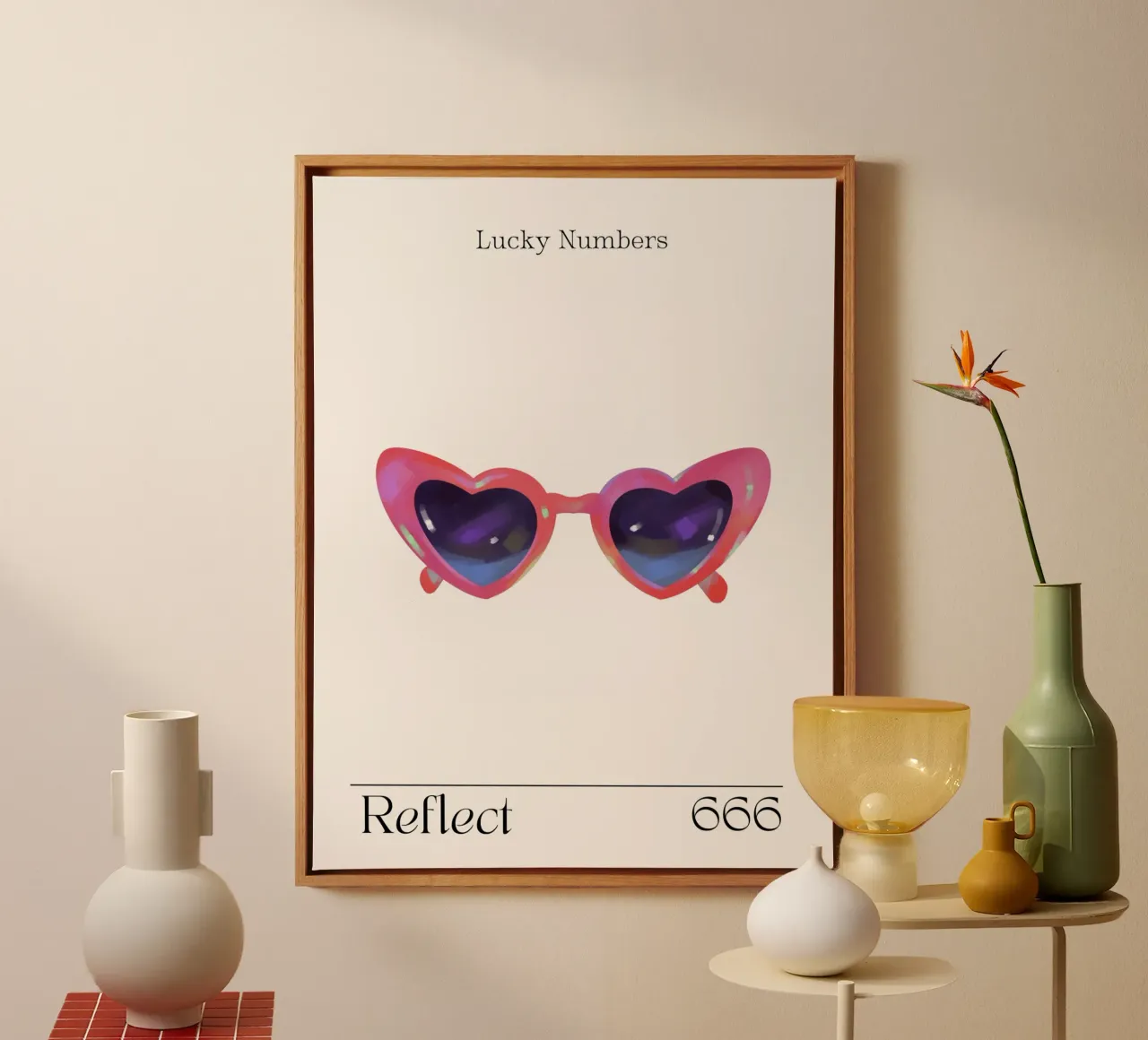 Hartvormige zonnebril, Retro, Reflect, Engelengetallen, 666 canvas met Baklijst van Peaches Art Prints