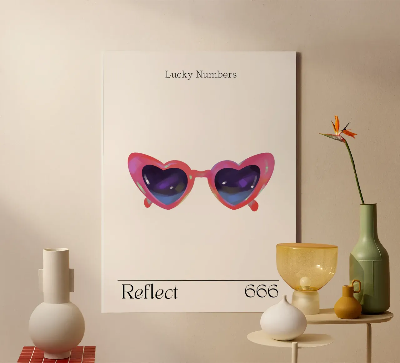 Hartvormige zonnebril, Retro, Reflect, Engelengetallen, 666 canvas met Baklijst van Peaches Art Prints