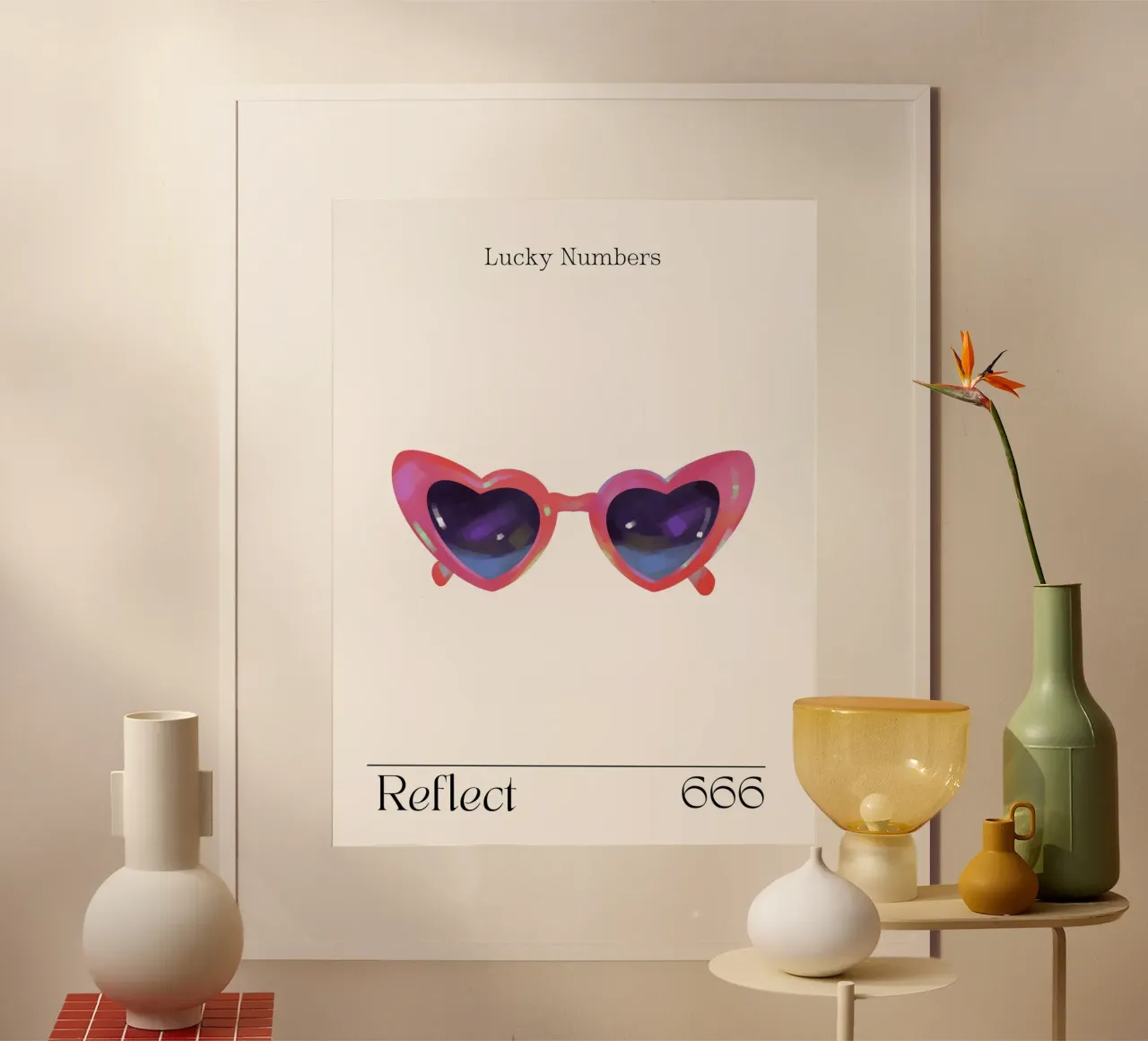Occhiali da sole a forma di cuore, retrò, riflettenti, numeri angelici, 666 poster da Peaches Art Prints